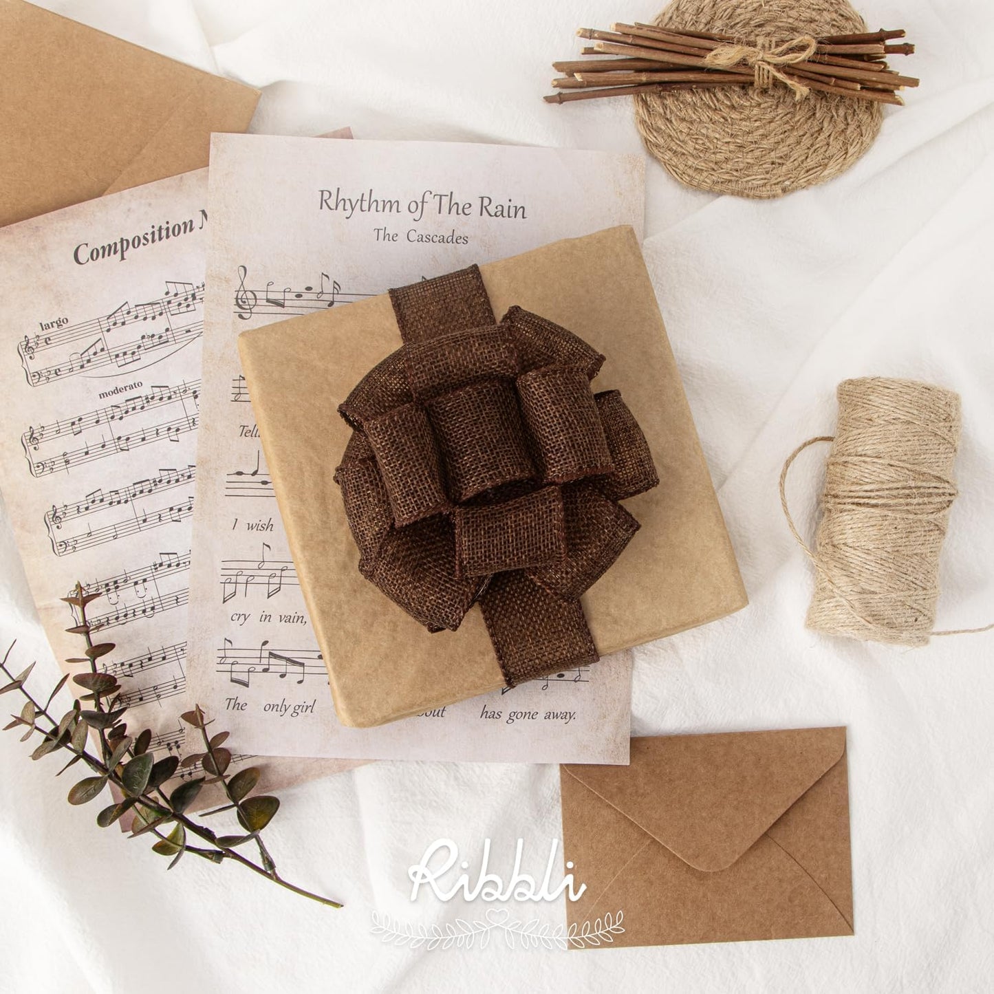 Ribbli Brown Burlap Wired Ribbon,1-1/2 Inch x 10 Yard, Wired Edge Ribbon for Big Bow,Wreath,Tree Decoration,Outdoor Decoration