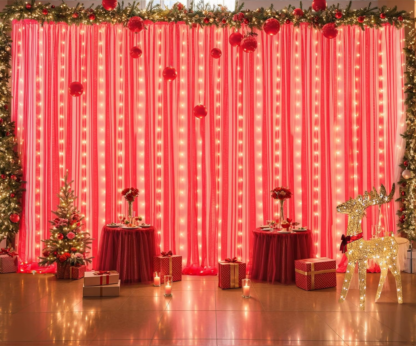 Red Tulle Backdrop Curtain with Lights String for Parites 30x8ft Sheer Backdrop Curtains Drapes for Birthday Party Baby Shower Christmas Wall Photo Booth Background Decorations(6 Panels 5ft×8ft)
