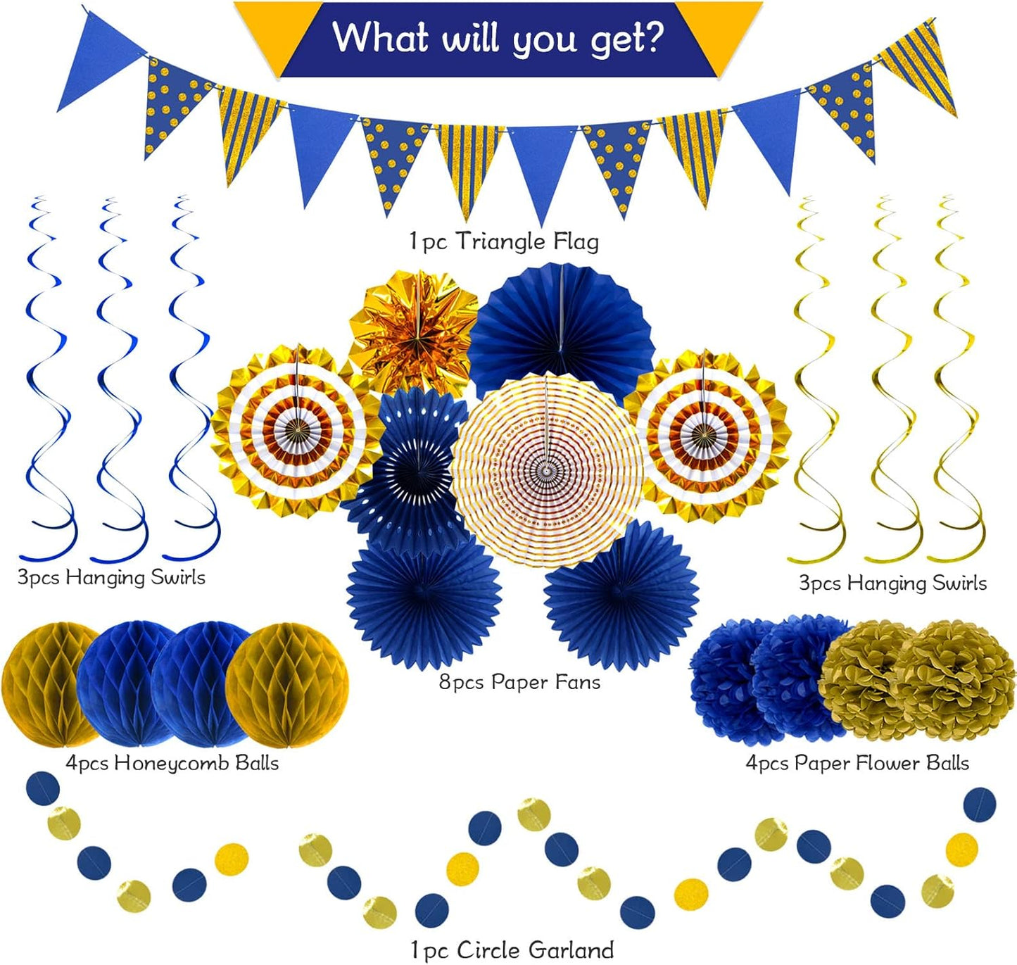 Blue Gold Party Decorations Paper Fans, Graduation Season Hanging Glitter Triangle Flags Banner Hanging Paper Fan Happy Birthday Banners and Triangular Flag, Bridal Shower,Blue Themed Birthday