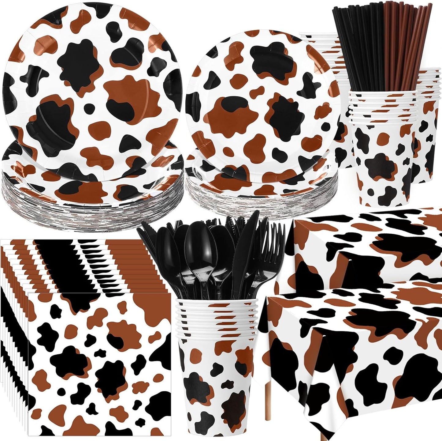 452 Pcs Cow Print Party Decorations Supplies Include Brown Cow Print Paper Plates Napkins Cups Tablecloth Cutlery Straws for Western Rodeo Birthday Baby Shower Farm Animal Party Decorations