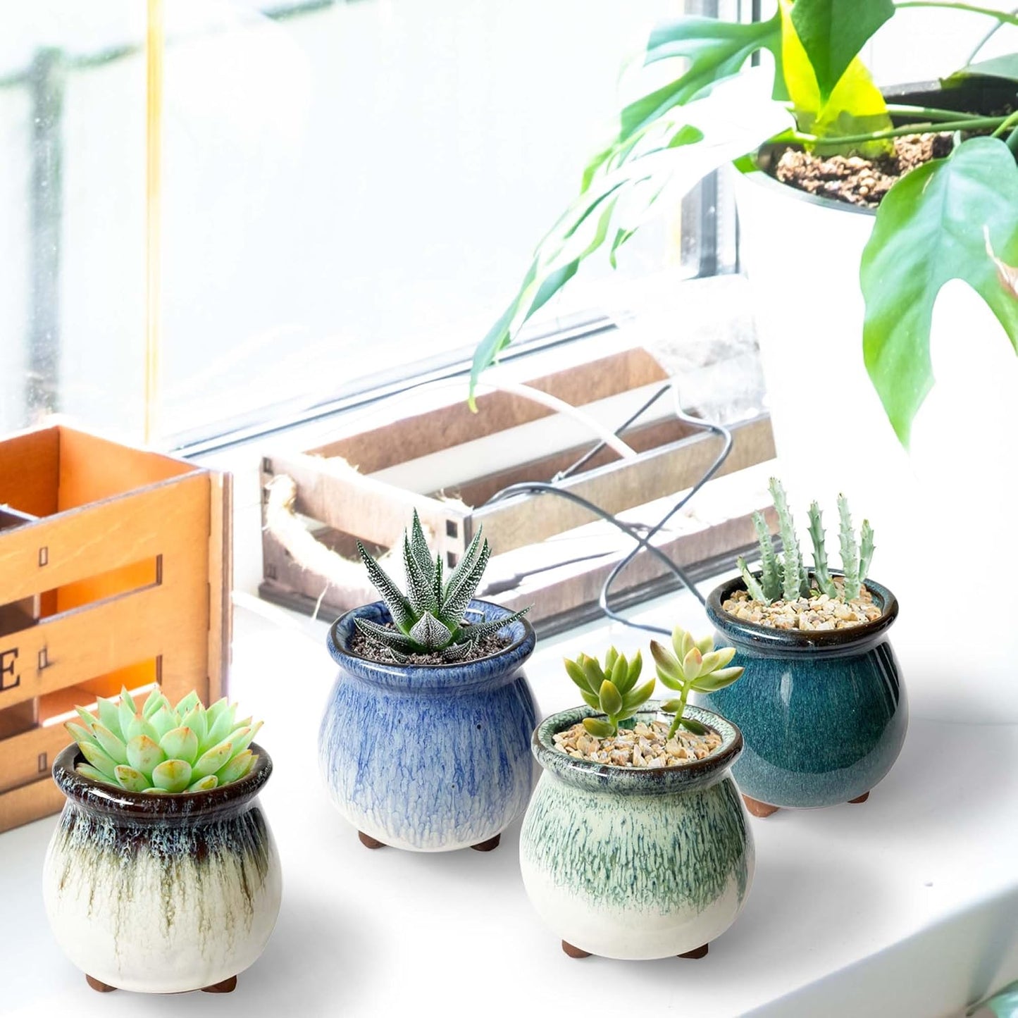 3 inch Glaze Handcraft Ceramic Pot Set, Small Cactus Planter with Drainage, Mini Cactus Pots Desk Shelf Decor, Cute Set of 4 Succulent Planter Pots