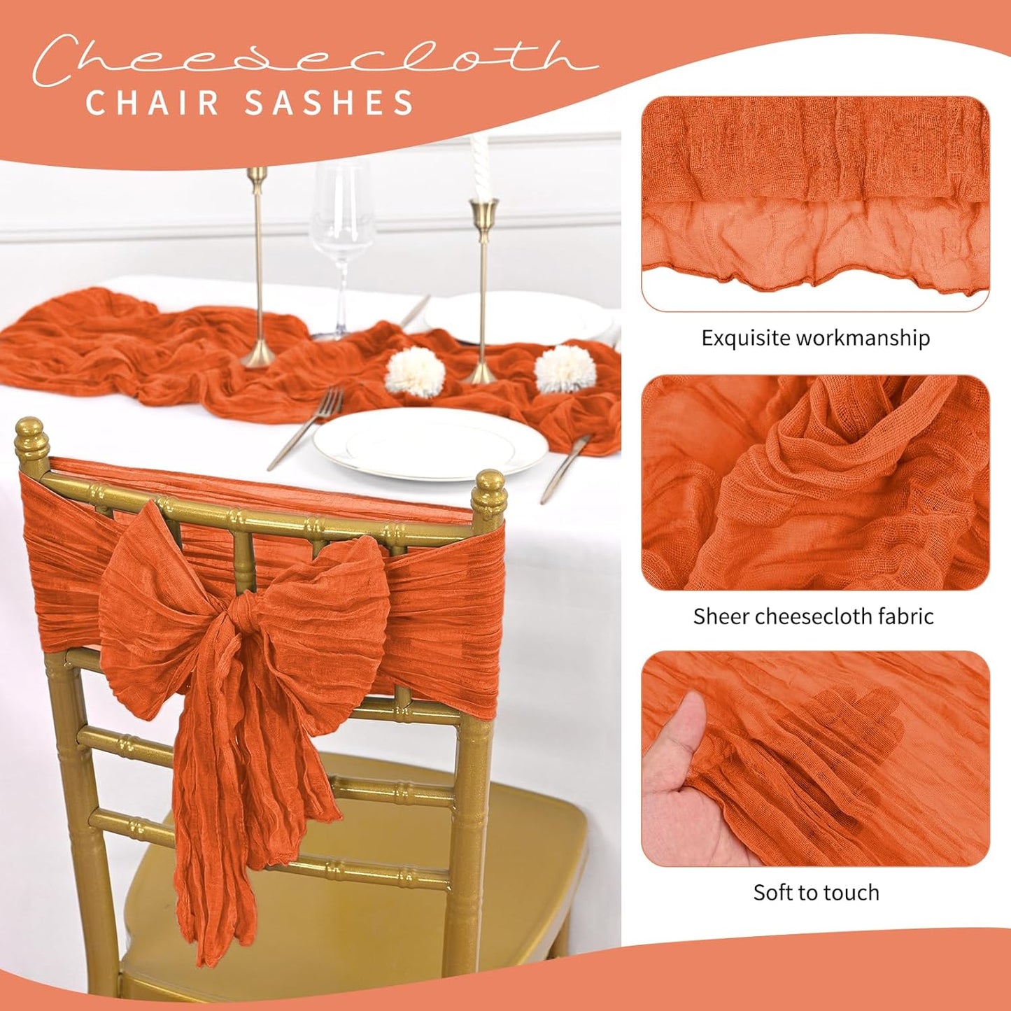 50 PCS Cheesecloth Chair Sashes, Bows Designed ChairSashes, 15.7x70 inch Chair Sashes for Aisle Decorations Universal Chairs Cover Decoration for Wedding Reception Party Banquet (Burnt Orange)