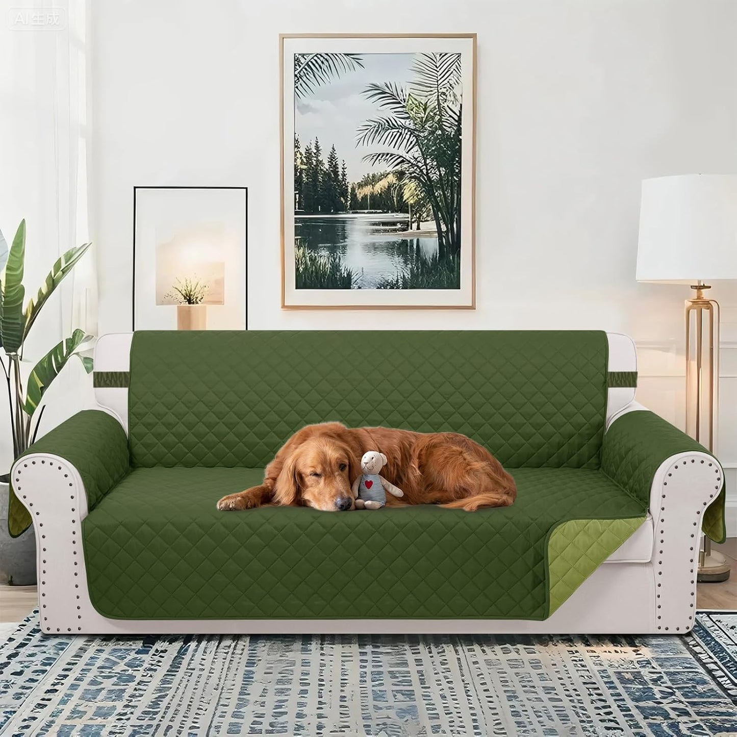 Reversible 4 Seater Sofa Cover 91 Inch Large Couch Cover Furniture Protector(Sofa XX-Large,Huntergreen/Sage)