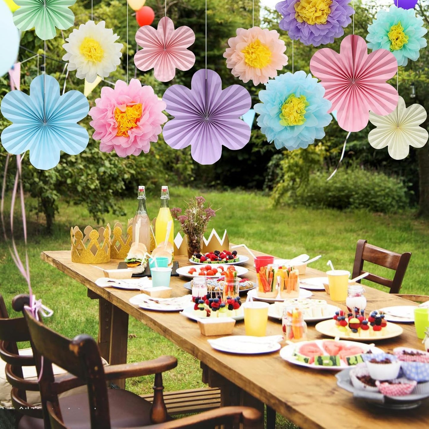 BestoFun 12PCS Paper Flowers Fans Pastel Party Decorations Tissue Paper Flowers Decorations for Girl Groovy Birthday Baby Shower Wedding Bachelorette Room Wall Hanging Décor