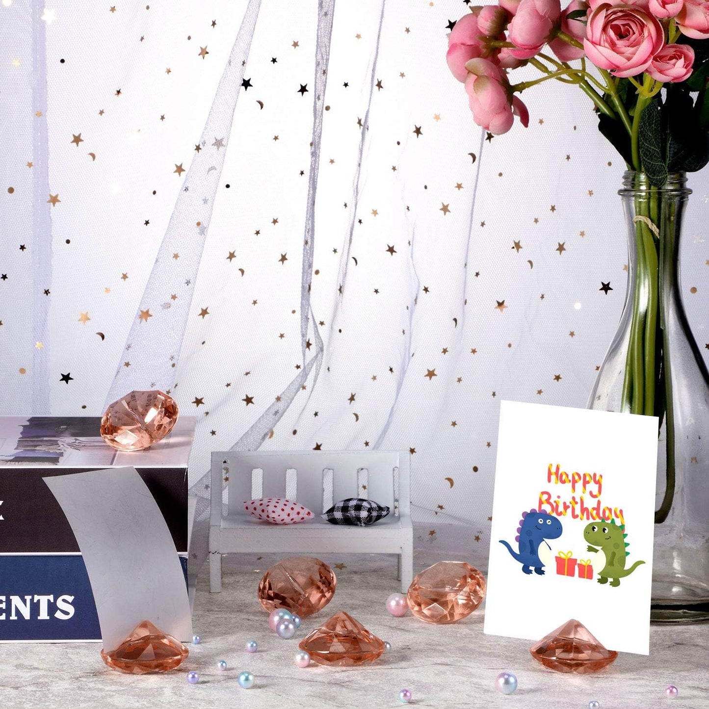 Boao 24 Pack Diamond Place Card Holders Acrylic Table Number Holder Card Stands Crystal Diamond Party Decorations Favor for Weddings Home Table(Rose Gold)