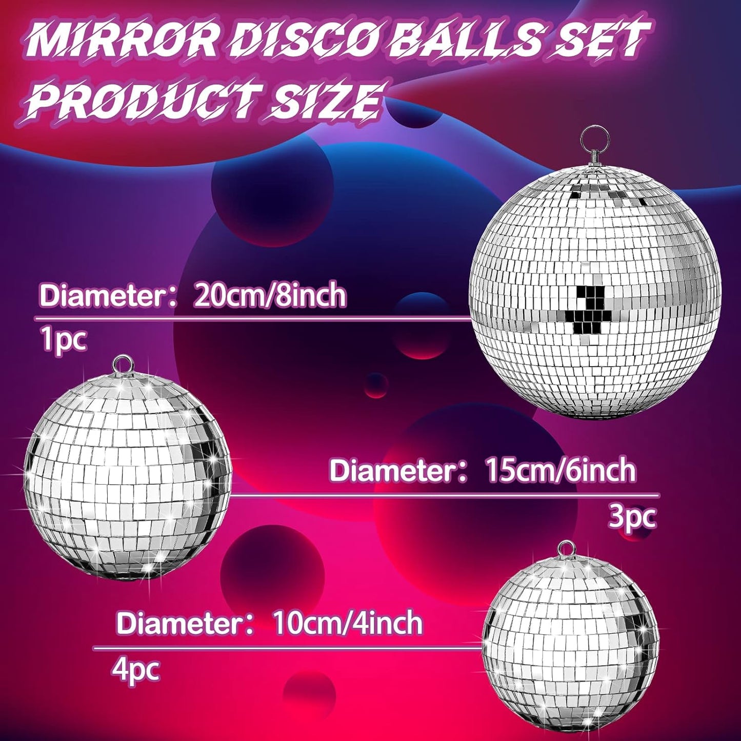 Haull 8 Pcs Large Disco Ball Set Silver Mirror Disco Reflective Ball with Hanging Ring Party Ornament Decoration for Stage Club Ballroom Dance Hall Wedding Prom Props(8'', 6'', 4'')