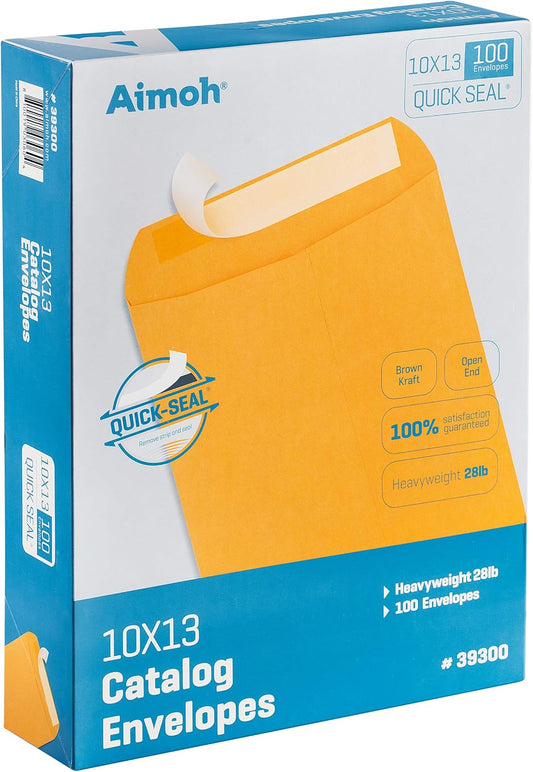 Aimoh 100 10 x 13 Self-Seal Brown Kraft Catalog Envelopes - 28lb, 100 Count, Ultra Strong Quick-Seal, 10x13 inch (39300)