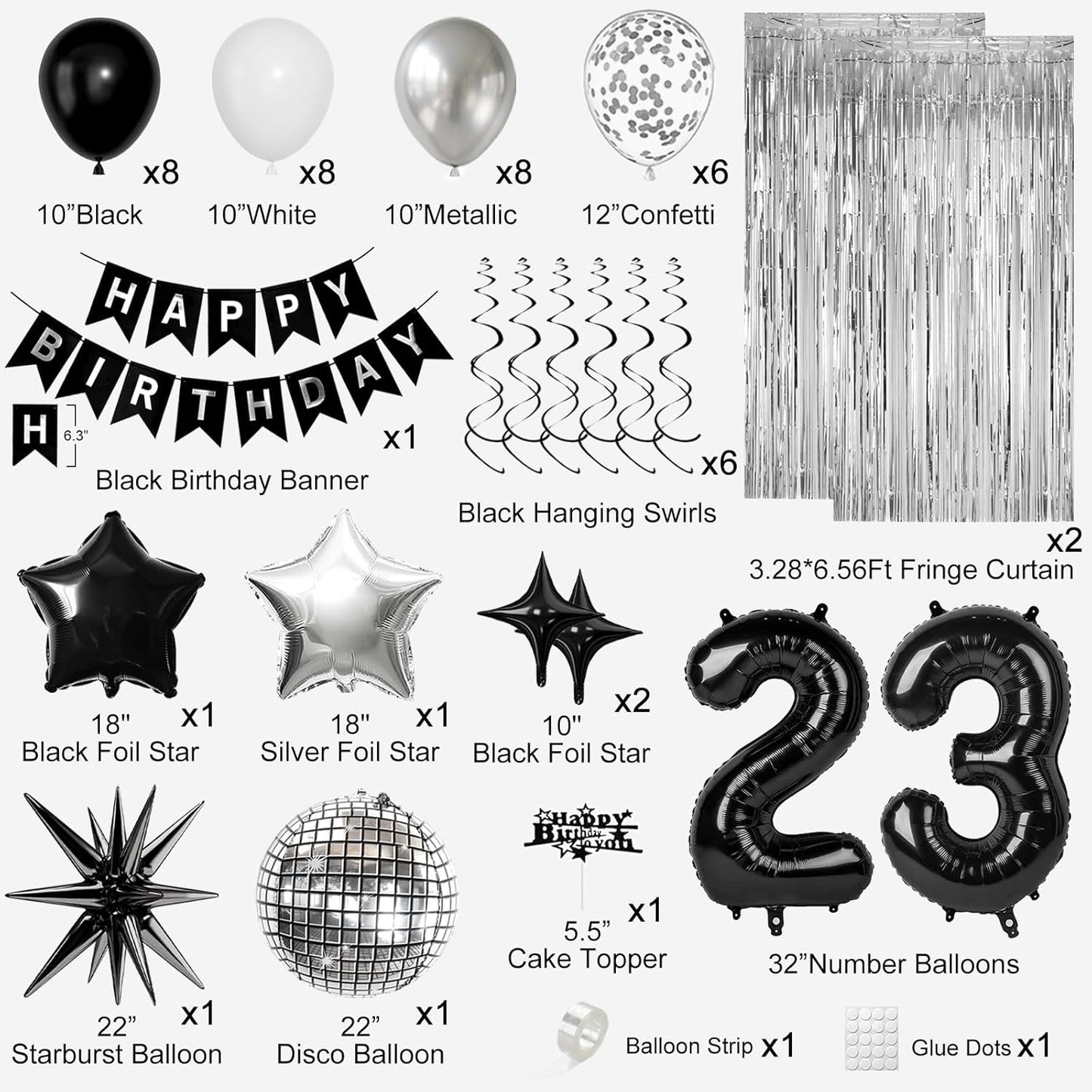 23rd Birthday Decorations for Men Women, Black Silver Happy Birthday Party Decorations， 23 Year Old Party Supplies with Number 23 Balloons, Banner, Fringe Curtains Kit