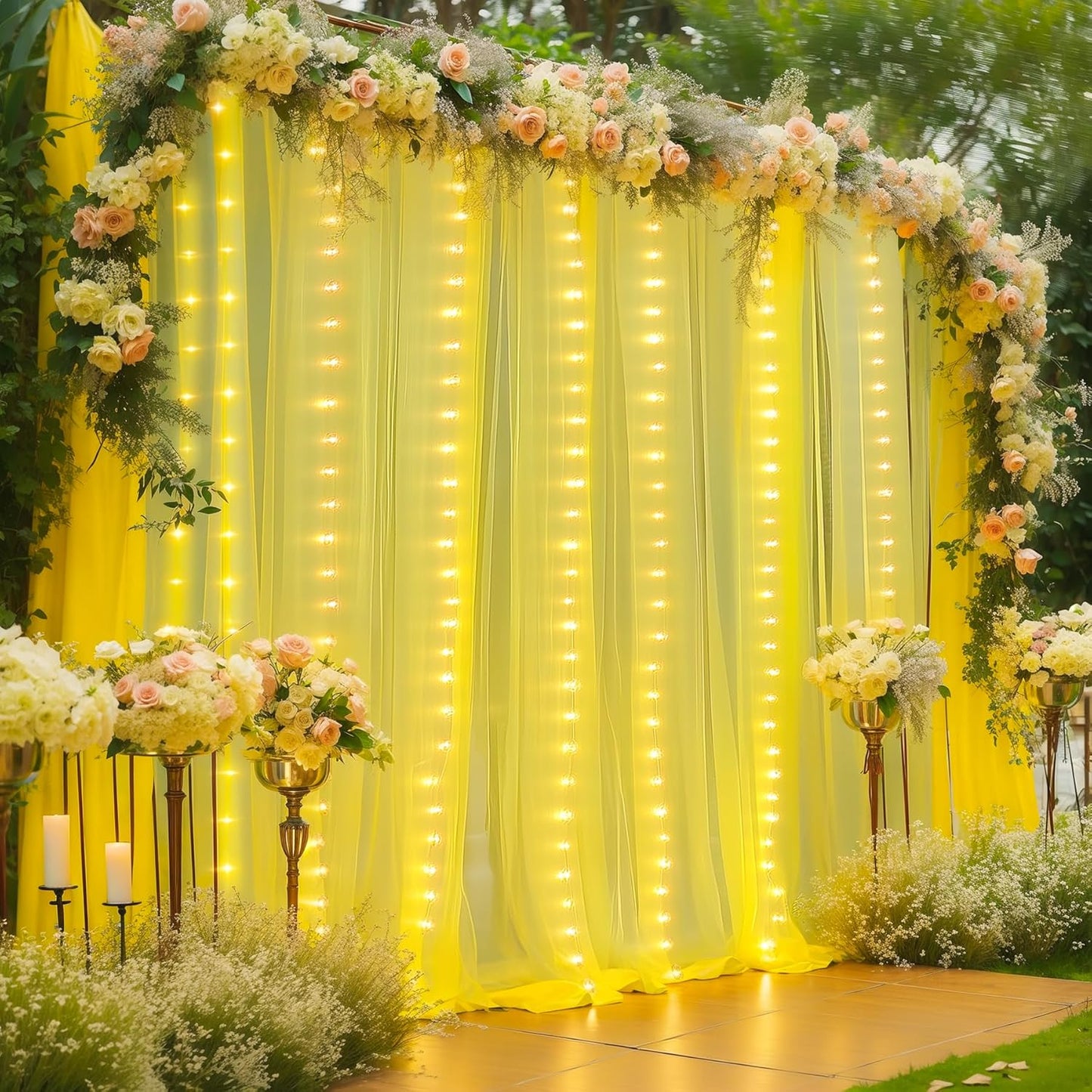 10×10ft Yellow Tulle Backdrop Curtain with Lights String for Parties, Sheer Curtain Backdrop Drapes for Wedding Party Photography Background