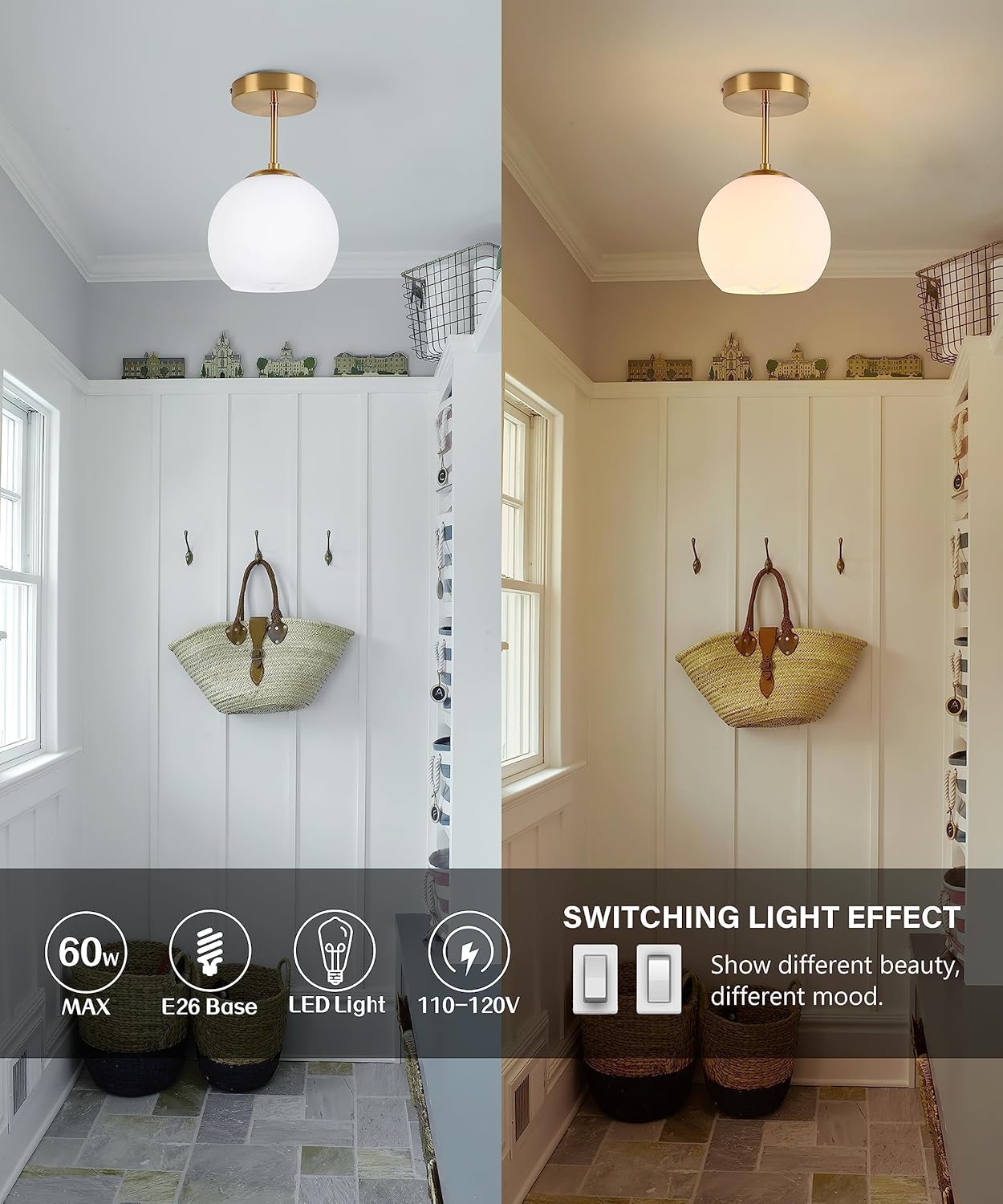 Gold Semi Flush Mount Ceiling Light Fixture Milk Glass Light Fixture Mid Century Flush Mount Ceiling Lights Brass Flush Mount Ceiling Schoolhouse Lights for Dining Room(Bulb Incl.)