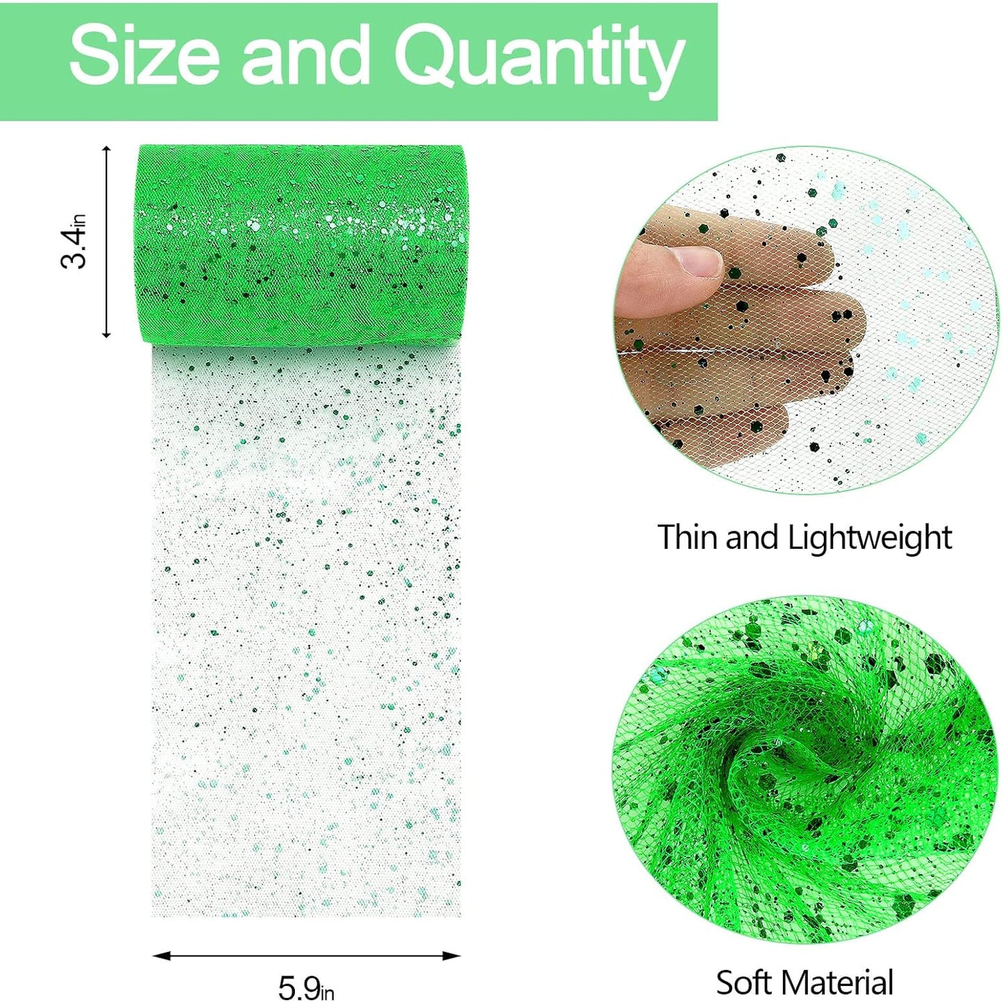 Glitter Tulle Rolls, 6” by 50 Yards (150FT) Sparkling Tulle Spool Ribbon Sequin Tulle Netting Fabric for Tutu Skirt Wedding Birthday Baby Shower (Green)