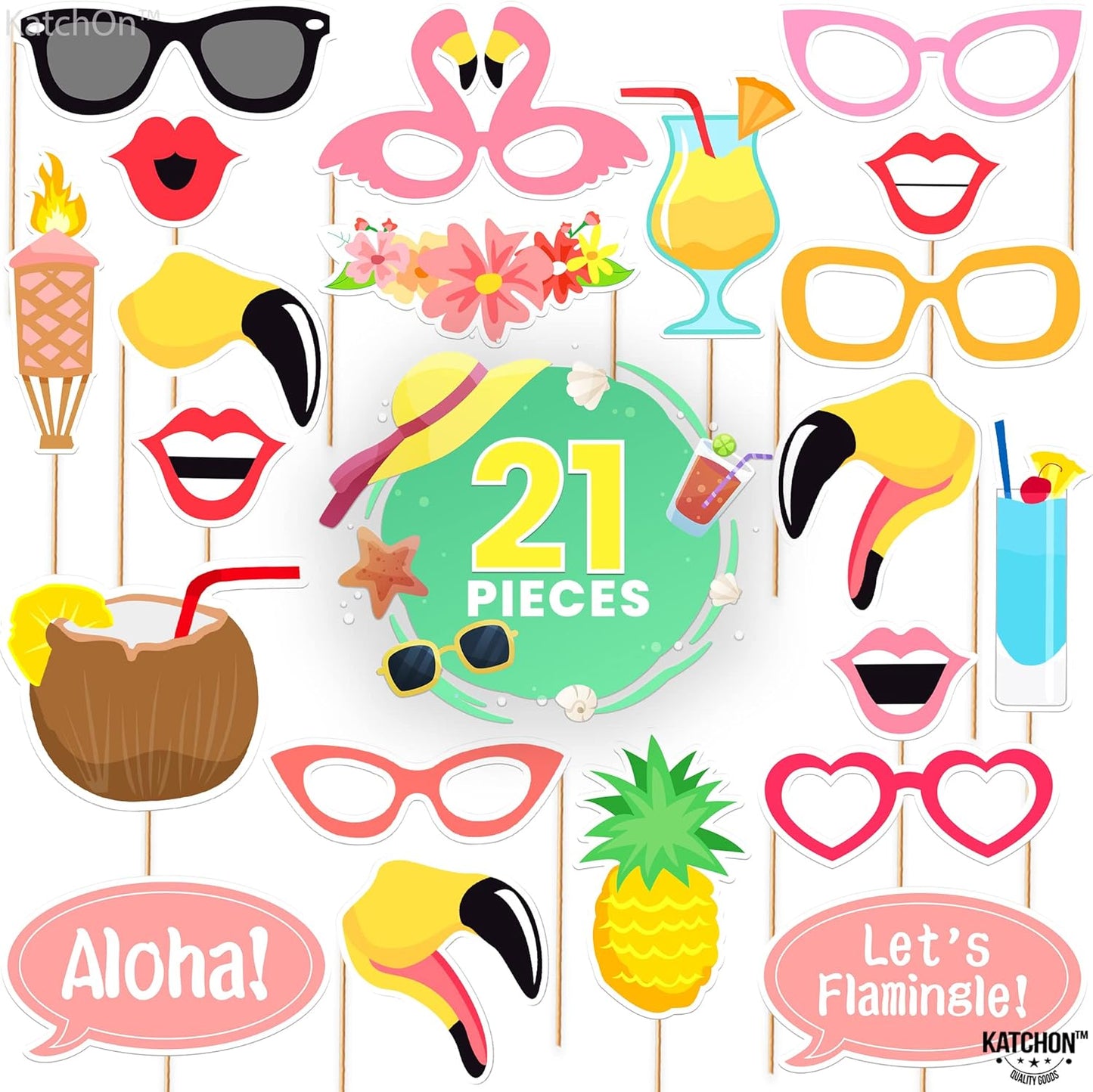 KatchOn, Luau Photo Booth Props - Pack of 21 | Tropical Photo Booth Props, Luau Party Decorations | Beach Party Decoration | Hawaiian Prop, Hawaiian Themed Party Decoration Flamingo Party Decorations