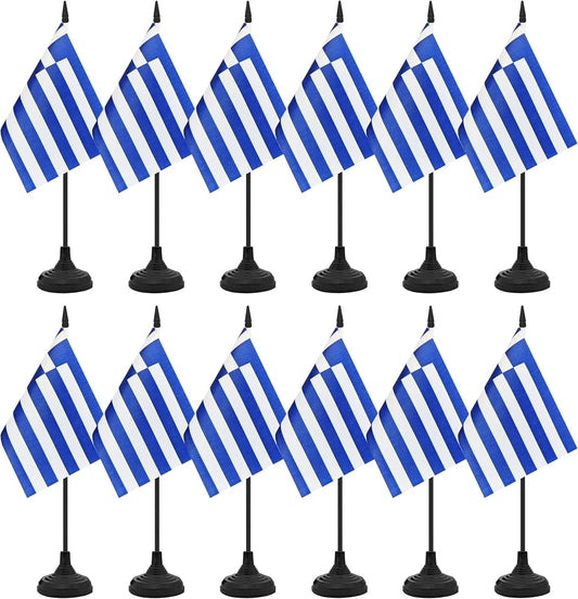 12 Pack Greece Desk Flag Set, Greek Table Office Flag, Small Miniature Desktop Flag With Black Pole and Black Base, Classroom, Offices Meeting Desk Decoration (Greece)
