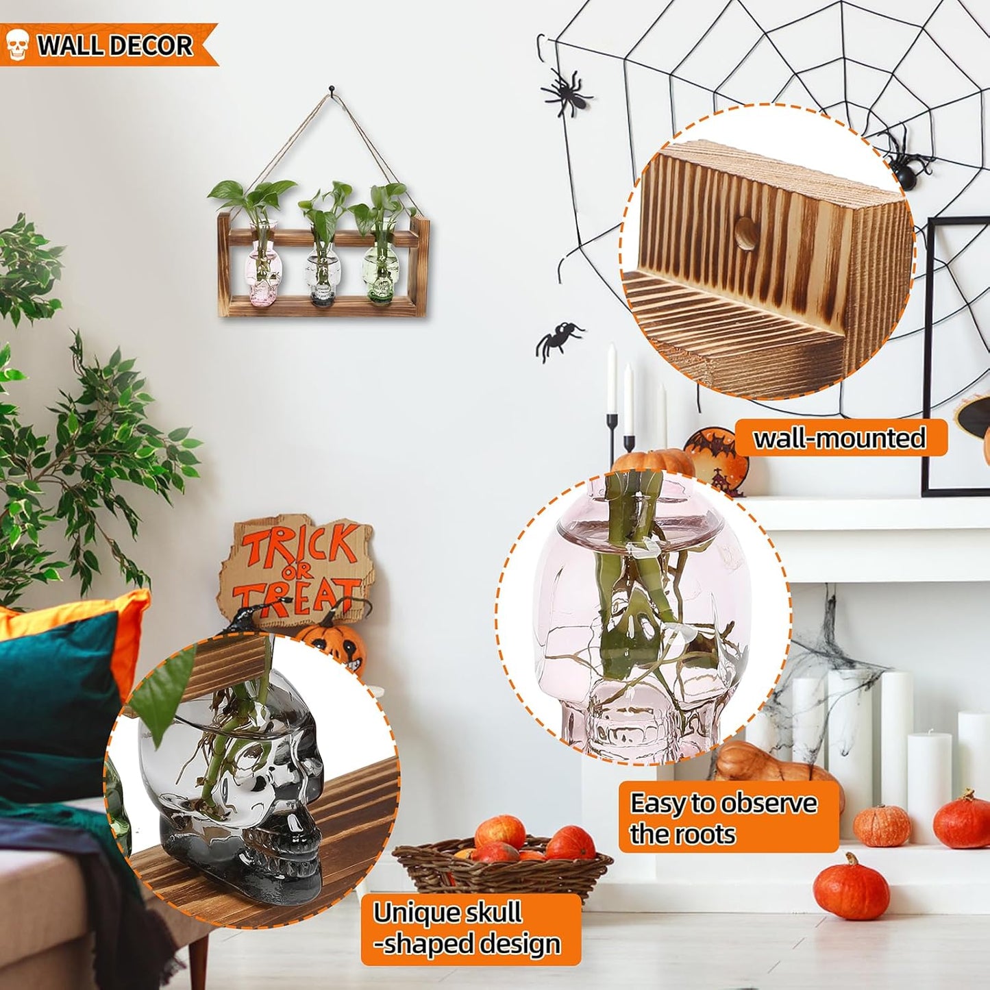 Plant Terrarium Propagation Stations Hydroponics Halloween Skull Planter Vase Skulls Decor with Wooden Stand Gife for Father