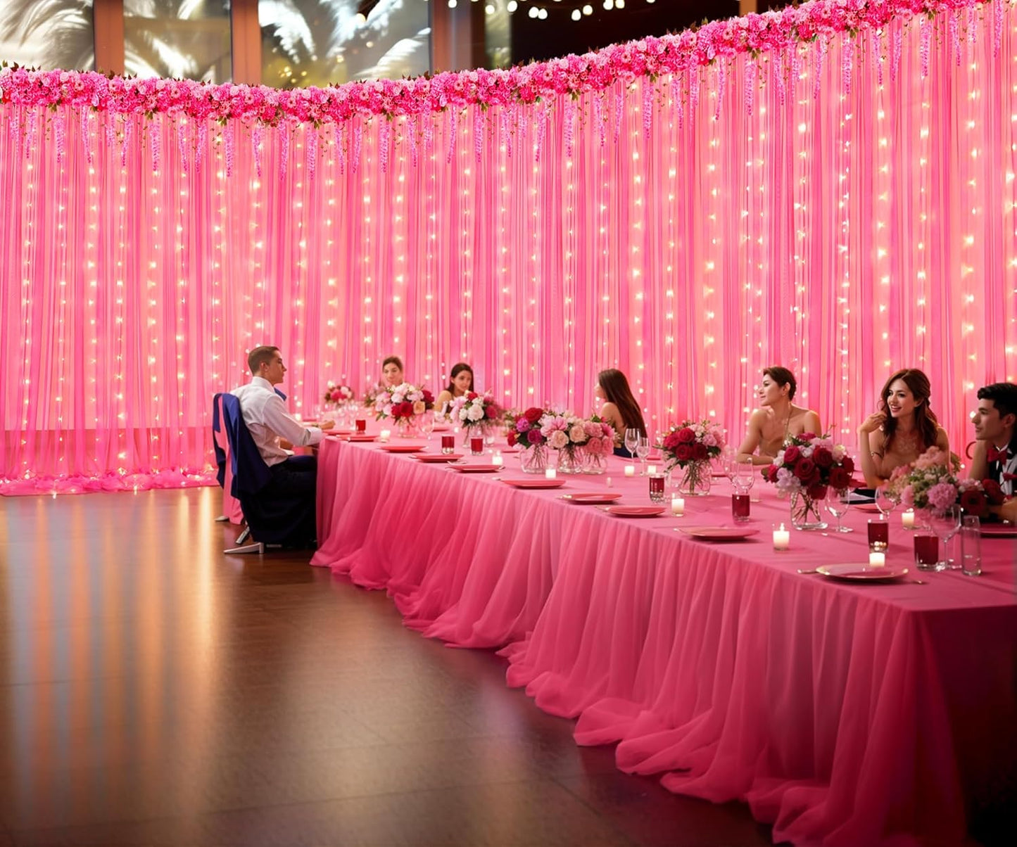 Hot Pink Tulle Backdrop Curtain with Lights String for Parties 30x8ft Fuchsia Sheer Backdrop Curtains for Weddings Birthday Party Baby Shower Photo Shoot Background Decorations(6 Panels 5ft×8ft)