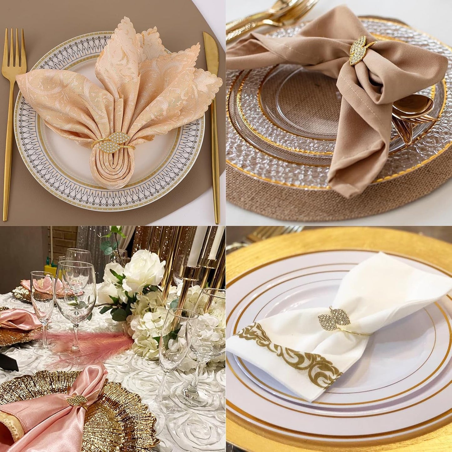 Set of 100 Napkin Rings Metal Gold Elegant Bling Leaves Rhinestone Napkin Ring, Napkin Rings Bulk Dinner Banquet Serviette Decor, Dining Table Setting for Thanksgiving Christmas Holiday Wedding Party