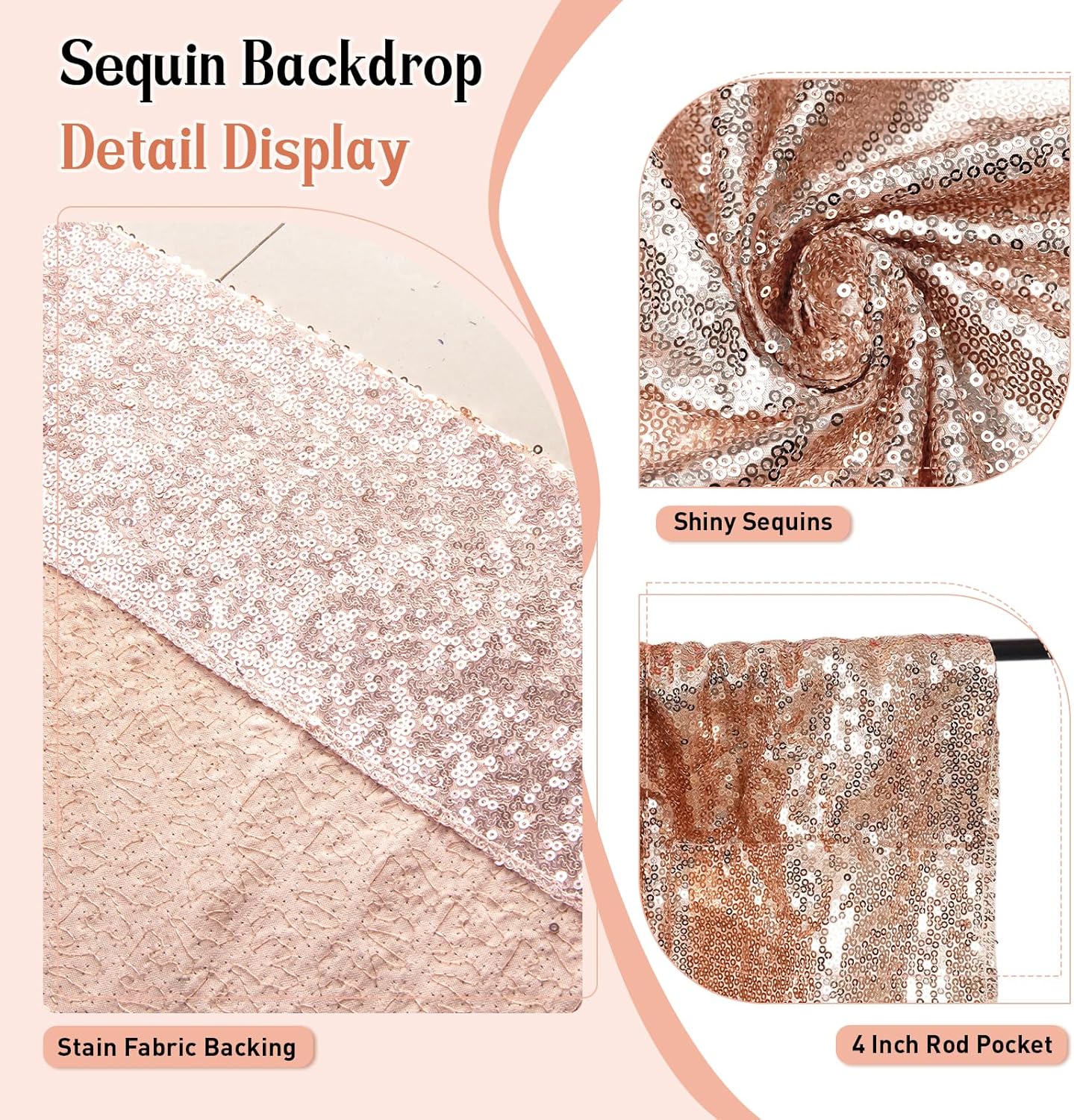 SquarePie Sequin Backdrop Not See Through Thick Background Glitter Curtain for Party 6FT x 6FT Rose Gold