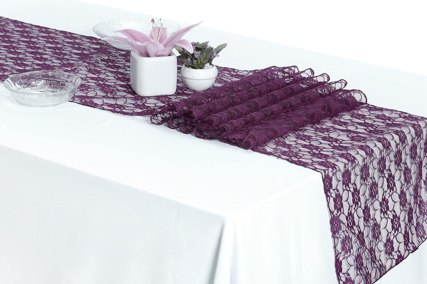 MDS Pack of 25Wedding 12 x 108 inches Lace Table Runner for Wedding, Decorations for Birthday Parties, Banquets, Graduations, Engagements, and Runners fit Rectangle, Round Table- Plum