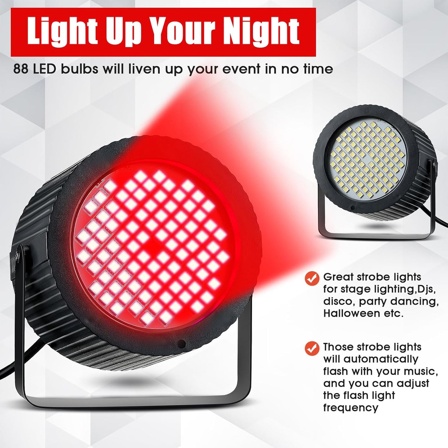 Funtery 2 Pcs Bright White Strobe Light 88 LEDs Flash Party Lighting Speed and Sound Modes Flashing Stage Lights for Christmas Easter Birthday Party Room Dance DJ Bar Karaoke Show Wedding (Red)