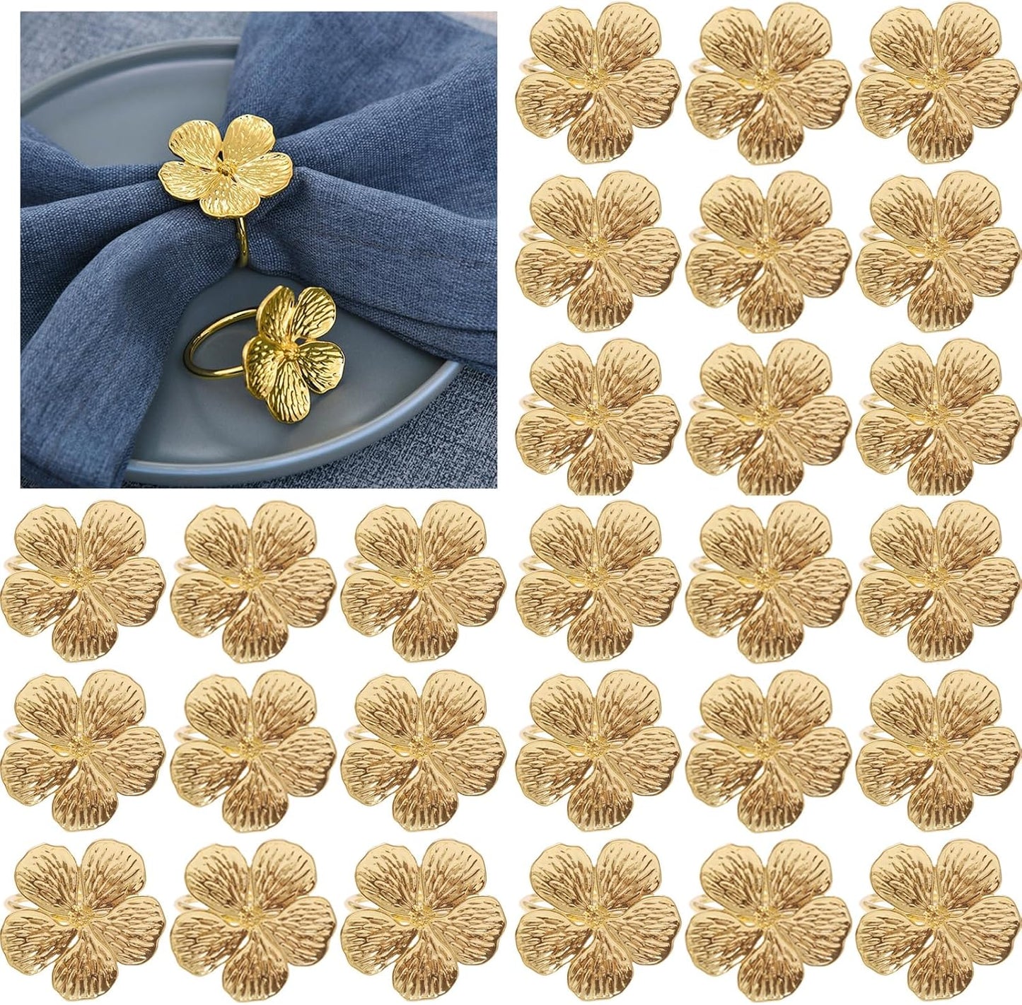 Flower Napkin Rings Set of 50, Fall Napkins Rings Gold Floral Holder for Wedding Season Banquet Party Décor Holiday Dinner Delicate Blossom Serviette Buckles Table Setting Decoration(Gold 50)