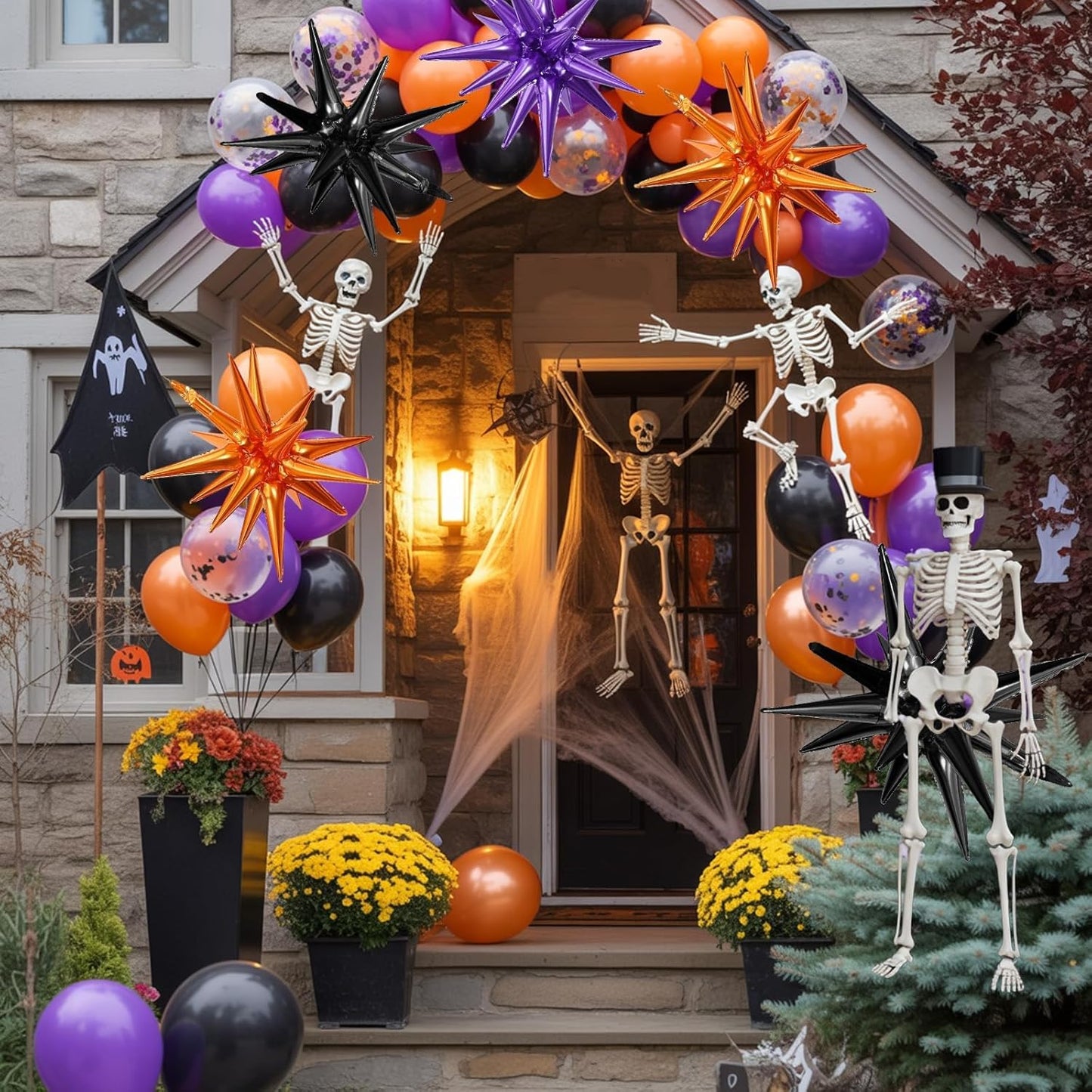 Black Purple Orange Star Balloons,9Pcs 22Inch Black Orange Purple Explosion Spike Cone Helium Polyester Film Star Foil Balloons for Halloween Birthday Baby Shower Party Decorations