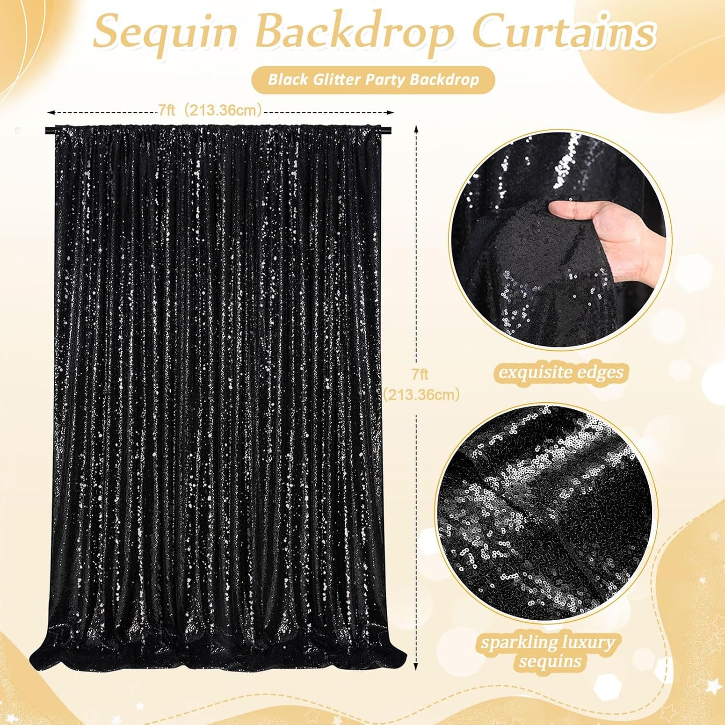 Black Sequin Backdrop Curtain 7ft x 7ft Glitter Photo Booth Backdrop for Wedding Birthday Baby Shower Event Decorations