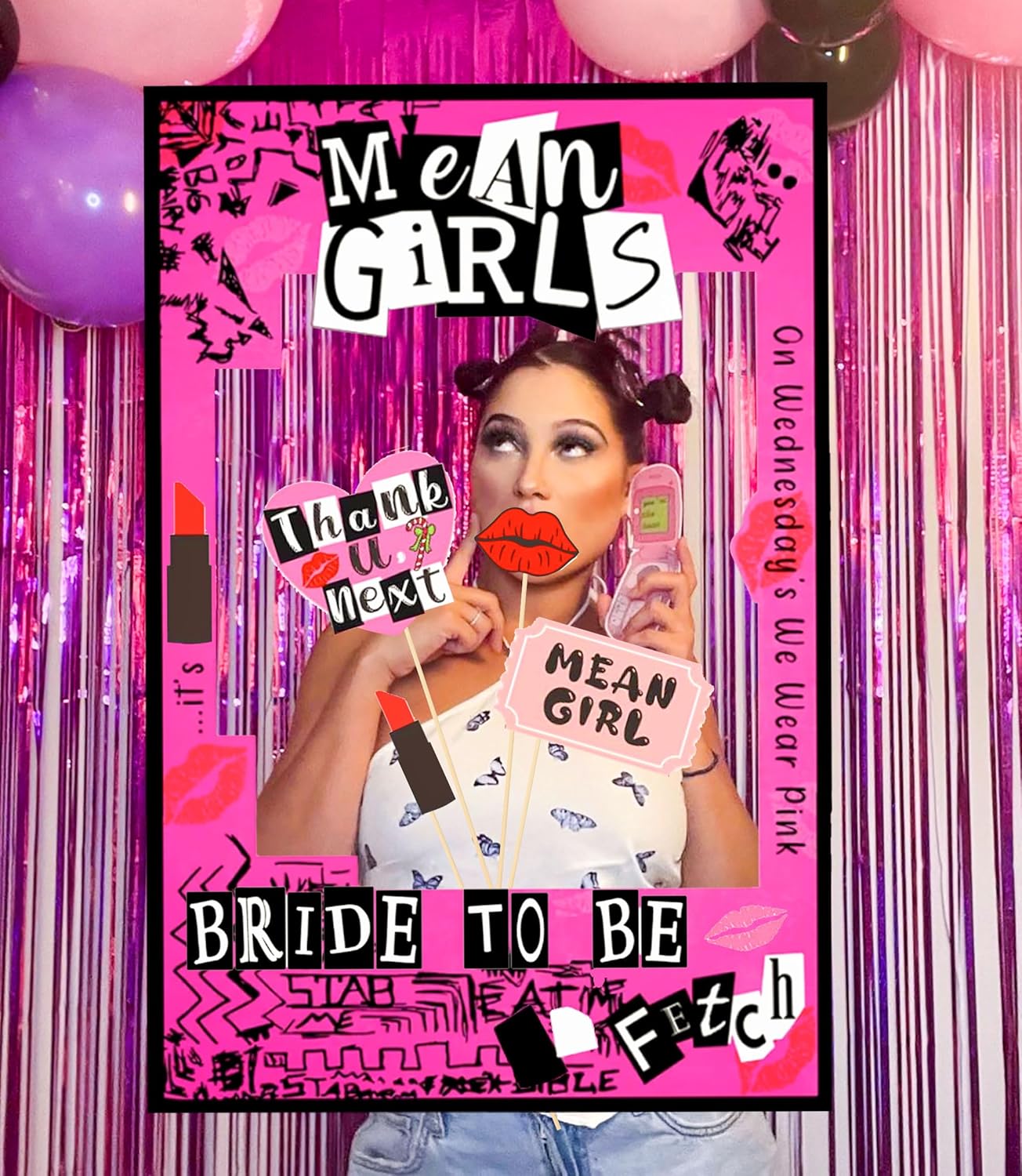 LaVenty Mean Girls Bachelorette Party Photo Booth Props Frame Bachelorette Party Supplies Mean Girls Party Decoration Y2k Party Decorations Bride to Be Photo Booth Props, Red 1