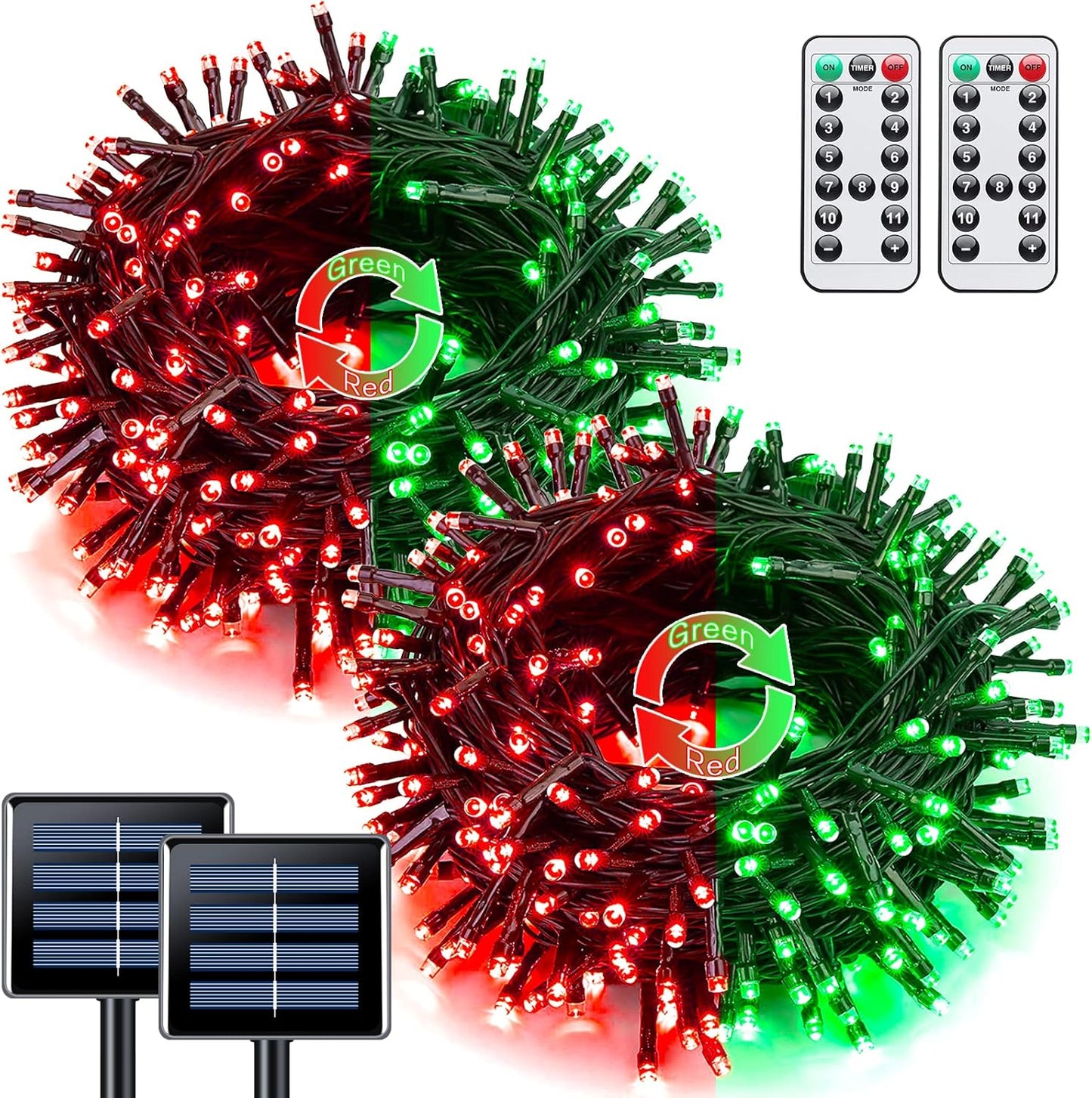 JMEXSUSS Red and Green Solar Christmas Lights Outdoor Waterproof, 2 Pack 100 Led 33ft Color Changing Solar String Lights for Christmas Tree Decor
