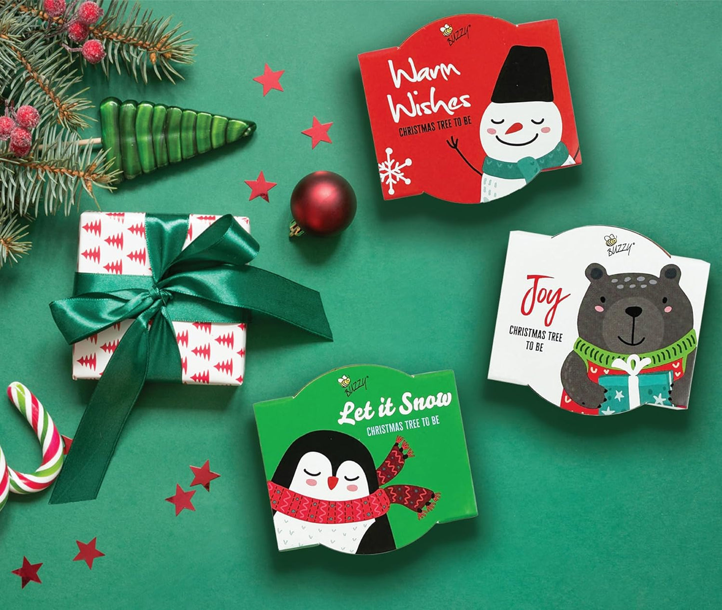 BUZZY Seeds Kids Holiday Mini Spruce Kit, 12-Pack Terracotta Pots with Bear, Penguin and Snowman Designs, All-in-One Tree Seed Starter Set, Stocking Stuffer, Children's, Party Favor