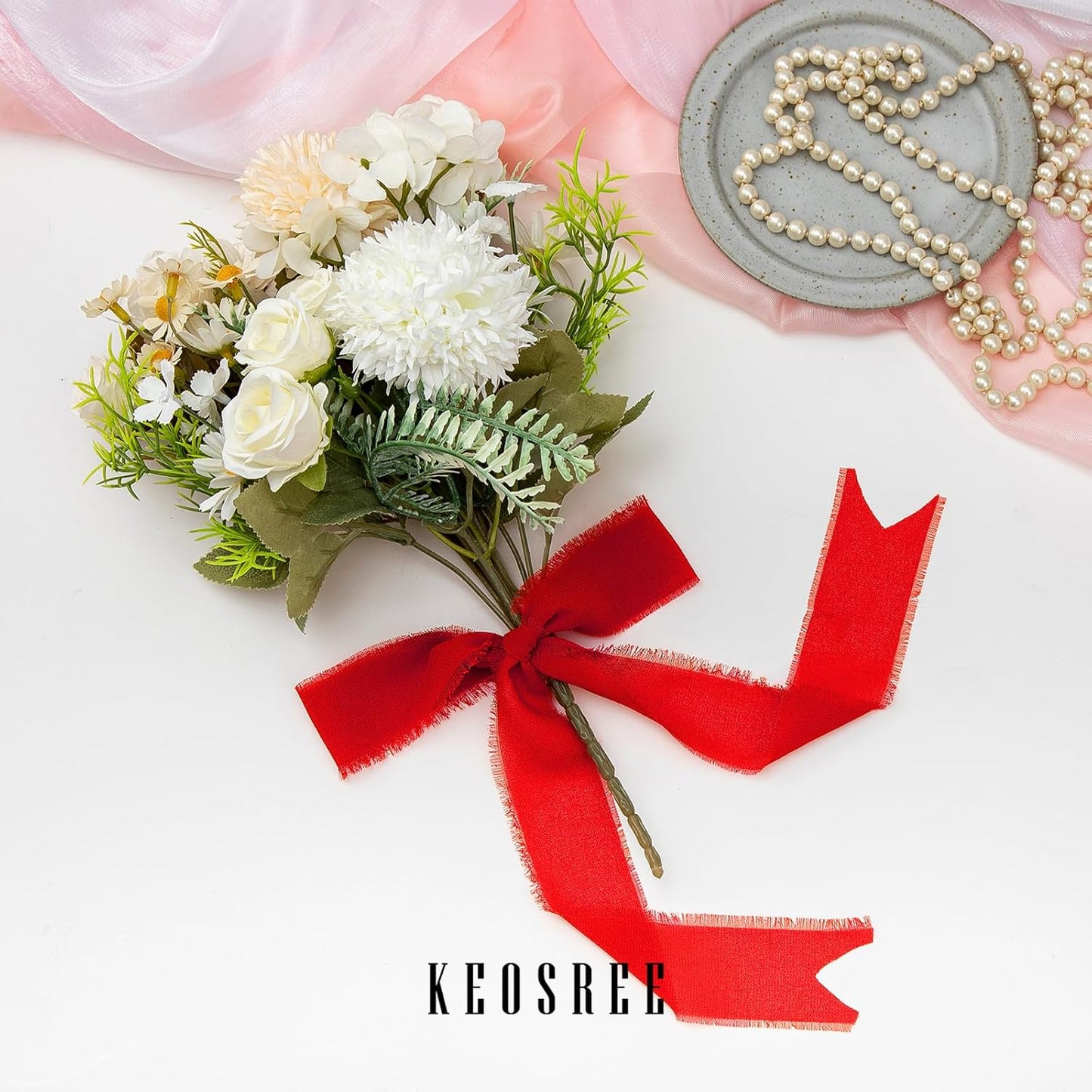 3 Rolls Red Handmade Chiffon Ribbon,1.5" x 21Yd Frayed Fringe Silk Ribbons (3 Rolls *7Yd) for Gifts Wrapping, Wedding Invitations, Bridal Bouquets, Decorations