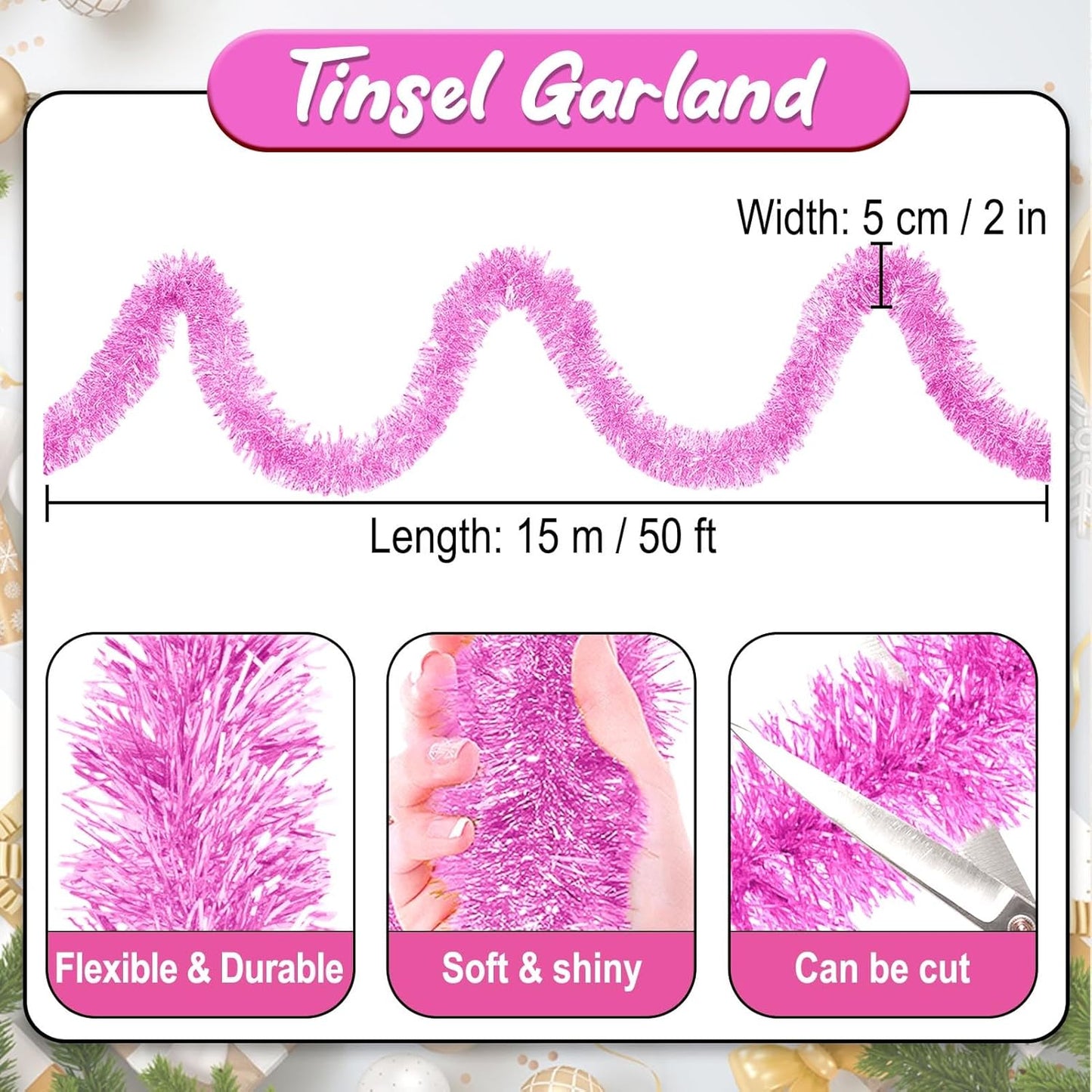 50 Feet Macaron Pink Christmas Tinsel Garland, Metallic Foil Twist Banner Wall Hanging Tinsel Streamers Backdrop for Parade Floats, Christmas, Mother's Day, Birthday Party Decorations(2in x 50ft)