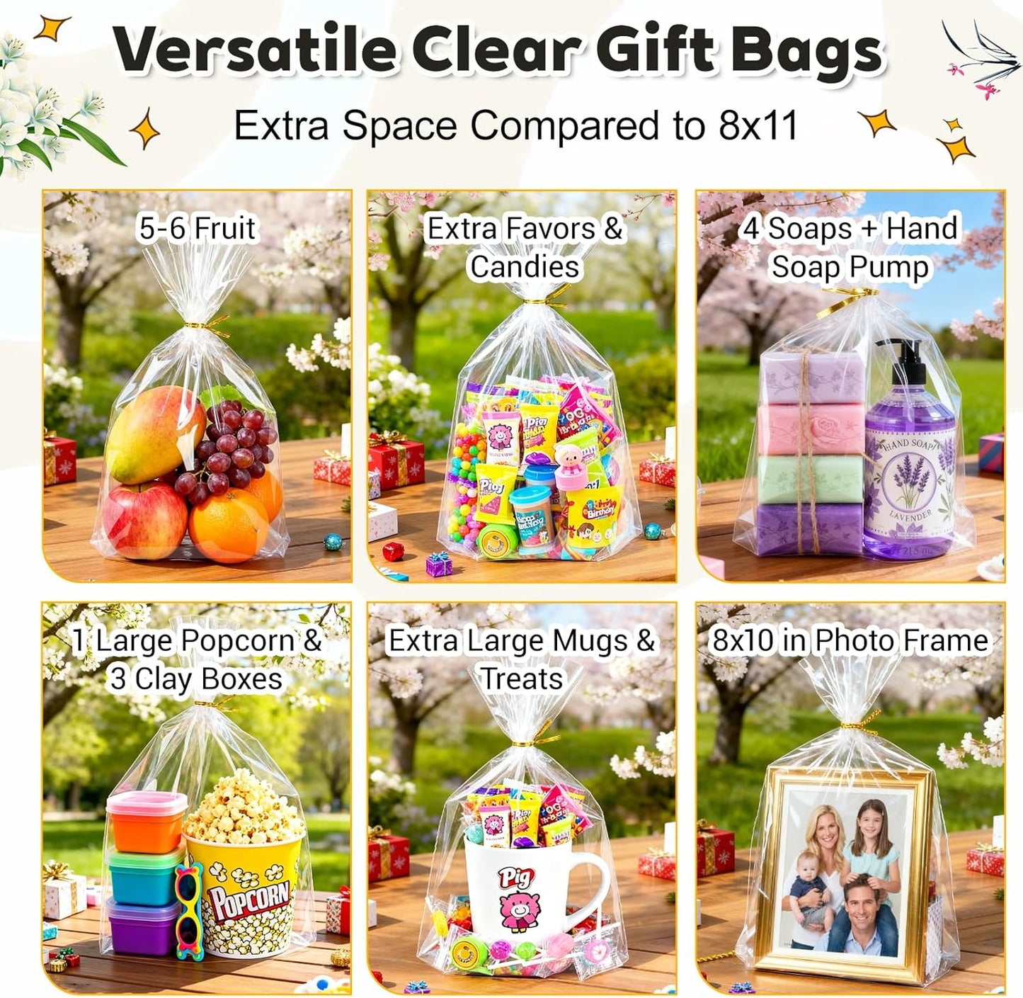 PigPotParty 12"x 16", 100Pcs Bottom Gusset Bags, Clear Plastic Cellophane Mug Treat Goodie Gift Bags with 100x Twist Ties, Large Party Favor Packaging, Toy Wrapping (No Side Gusset)