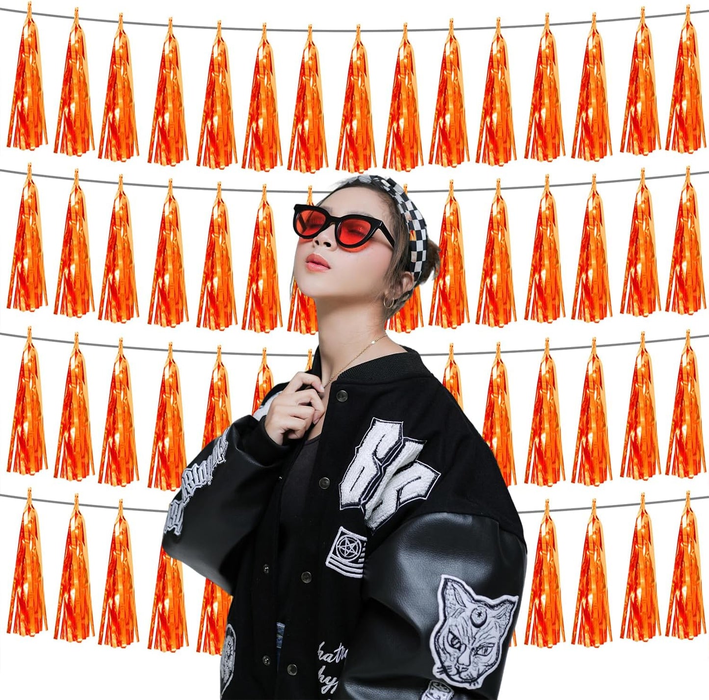 4P Orange Foil Fringe Tassel Banner Garland Metallic Tinsel Streamers Wall Hanging Curtain Backdrop Banner for Parade Floats, Graduation Decorations, Father's Day, Fall, Thanksgiving Party Decoration