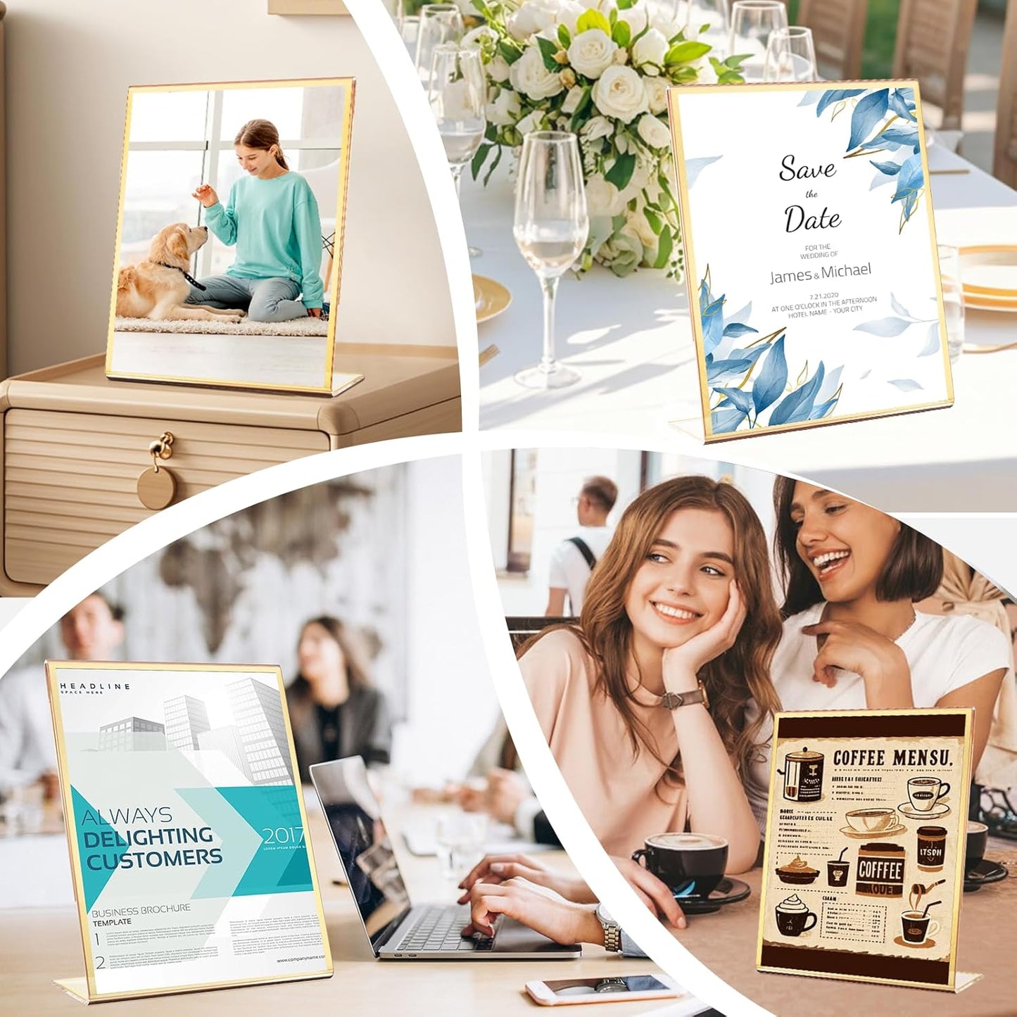 Acrylic Gold Frames 8 x10, Slanted Back Gold Picture Frames Table Acrylic Sign Holder for Photos Wedding Table Numbers and Art Display with Removable Clear Sticky Dots，6 Pack