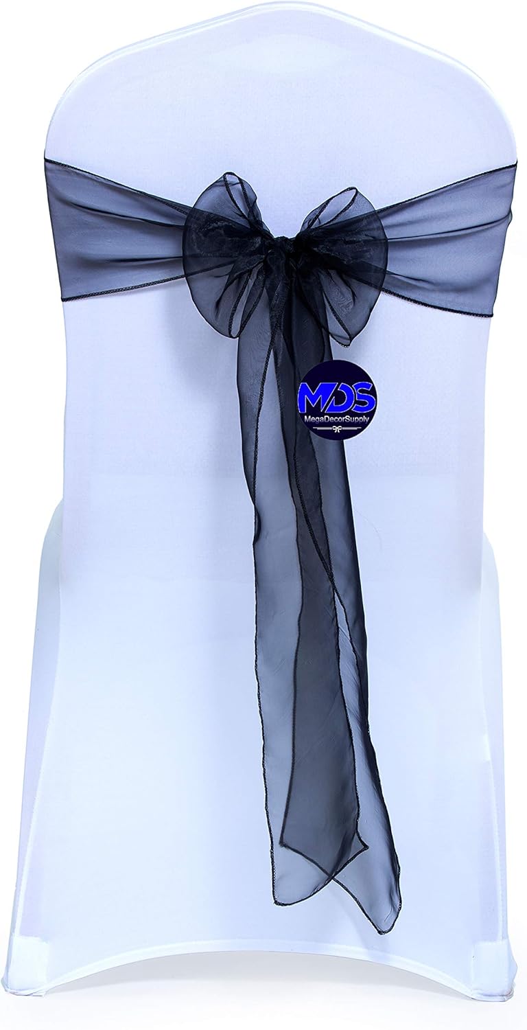 MDS Pack of 100 PCS Organza Chair Sashes Wider Dining Chair Bows Ribbon Tie Back for Wedding Party Birthday Bridal Shower Reception Event Banquet Home Chair Cover Decoration - Black