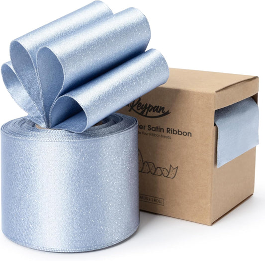 Light Blue Satin Wired Ribbon 2-1/2 Inch Double-Faced Sliver Glitter Christmas Ribbons for Wreath, Tree Decoration, Gift Wrapping, Home Decor 10 Yards