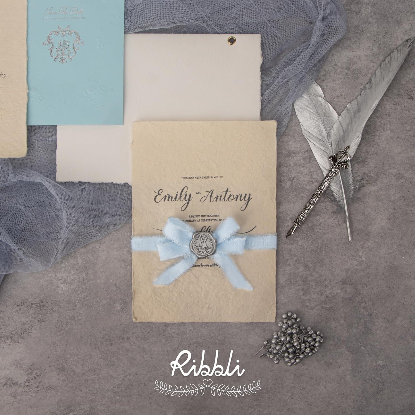 Ribbli 3 Rolls Light Blue Ribbon 5/8 Inch x 18Yards Handmade Cotton Frayed Fringe Ribbons for Gift Wrapping Wedding Invites Bridal Bouquets Baby Shower DIY Crafts Home Decor