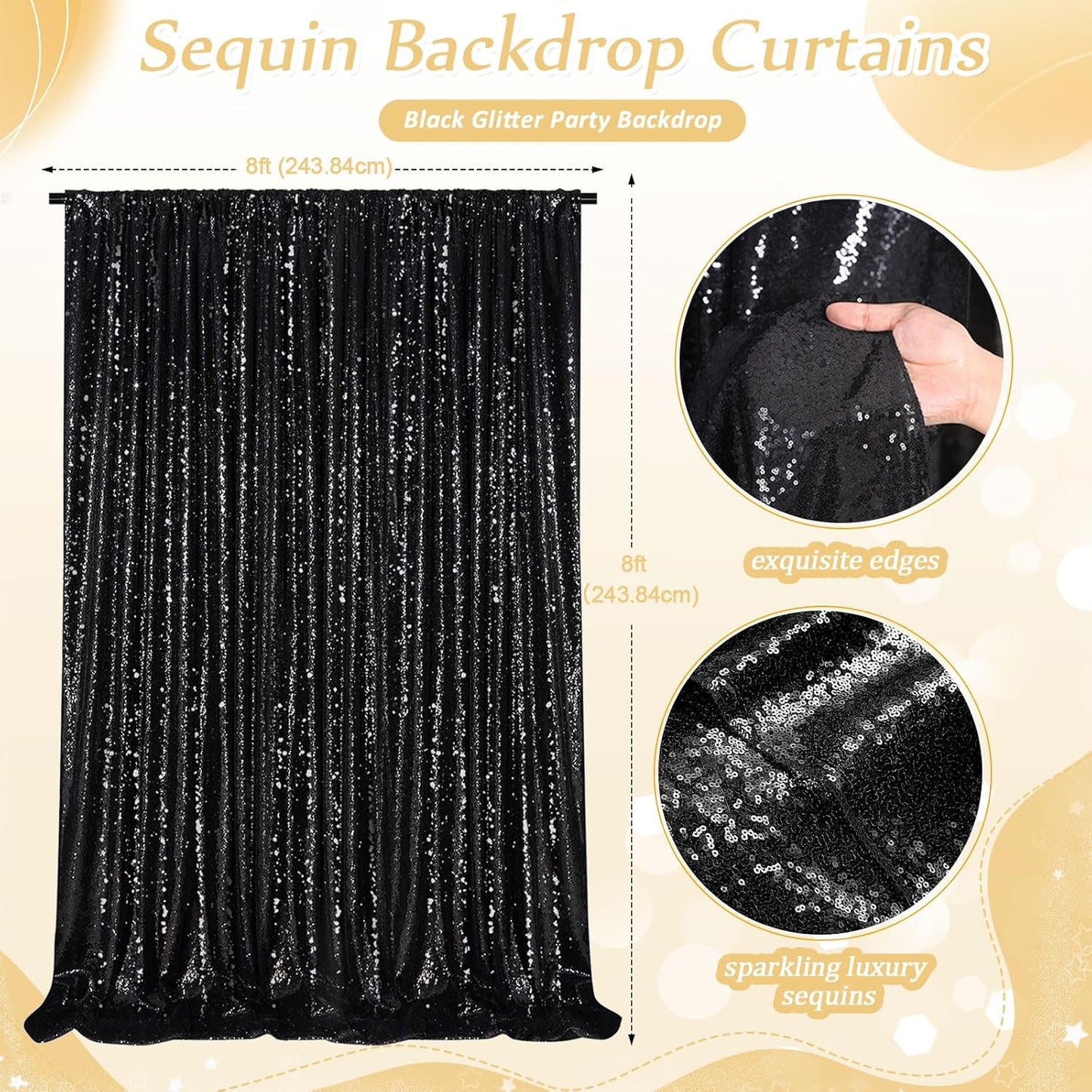 Black Sequin Backdrop 8ft x 8ft Glitter Photo Booth Black Backdrop Curtains