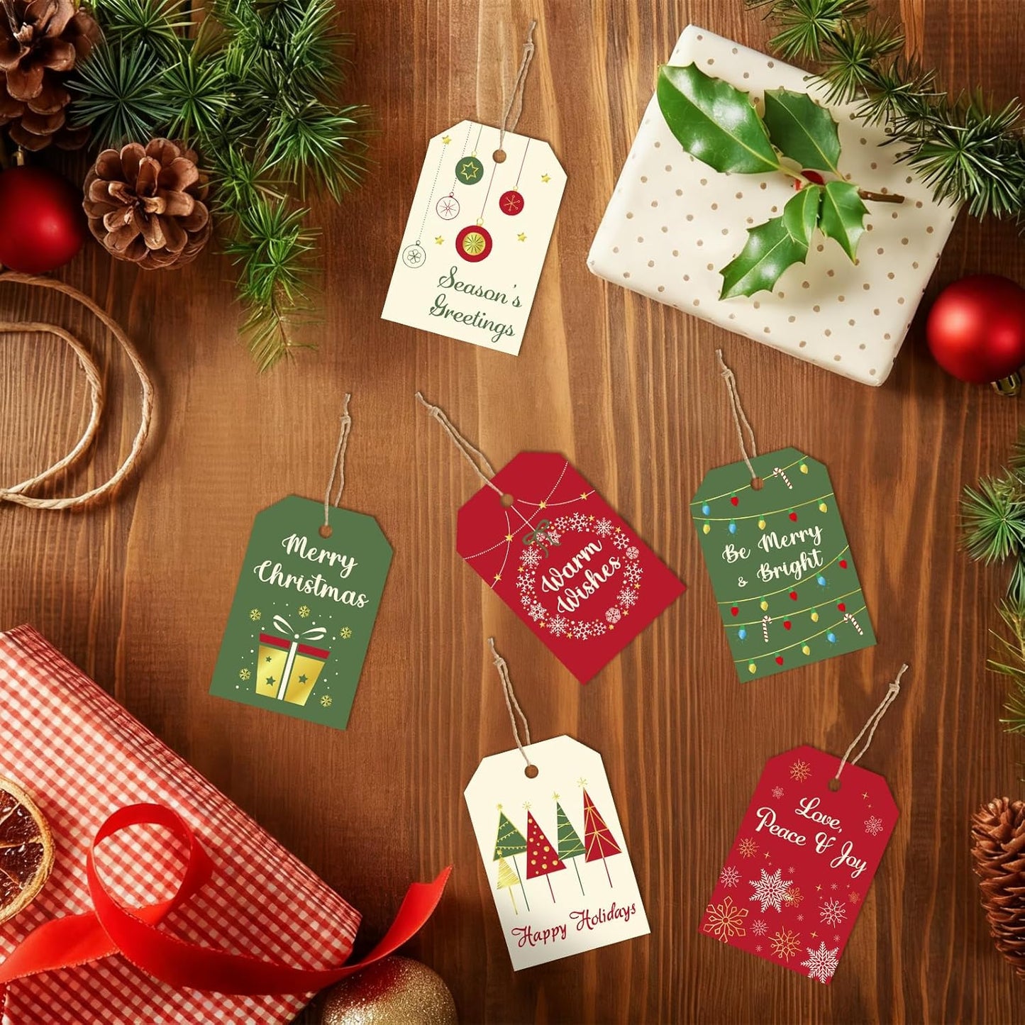 Christmas Gift Tags with String, 48 Pcs Christmas Hanging Tags Label Gold Foil Xmas Present Tag for DIY Xmas Holiday Present Wrapping Decorations, 6 Styles