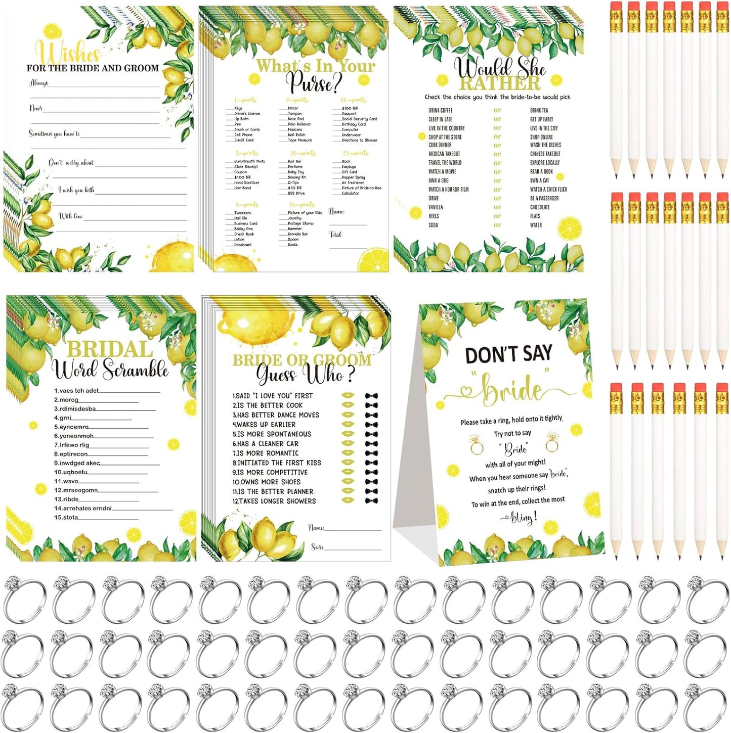 Estune 331 Pcs Bridal Shower Games Supplies, 5 Sets 250 Pcs Wedding Cards 1 Put a Ring on It Bridal Shower Games with 60 Rings and 20 Pencils(Lemon Style)