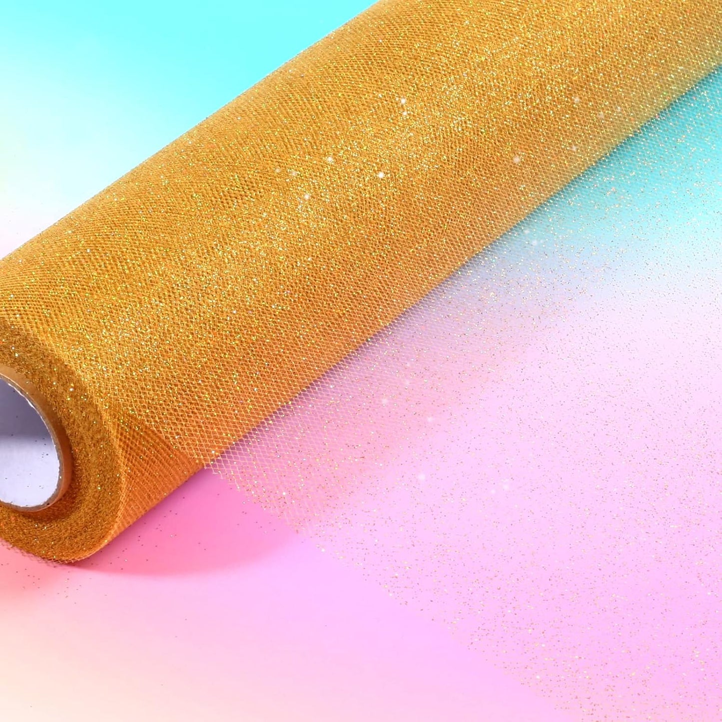 Sparkling Tulle Rolls, 15” by 30 Yards (90FT) Glitter Tulle Spool Ribbon Fabric for Wedding Birthday Bridal Shower Tutu Skirt Party Gift Wrapping (Gold)