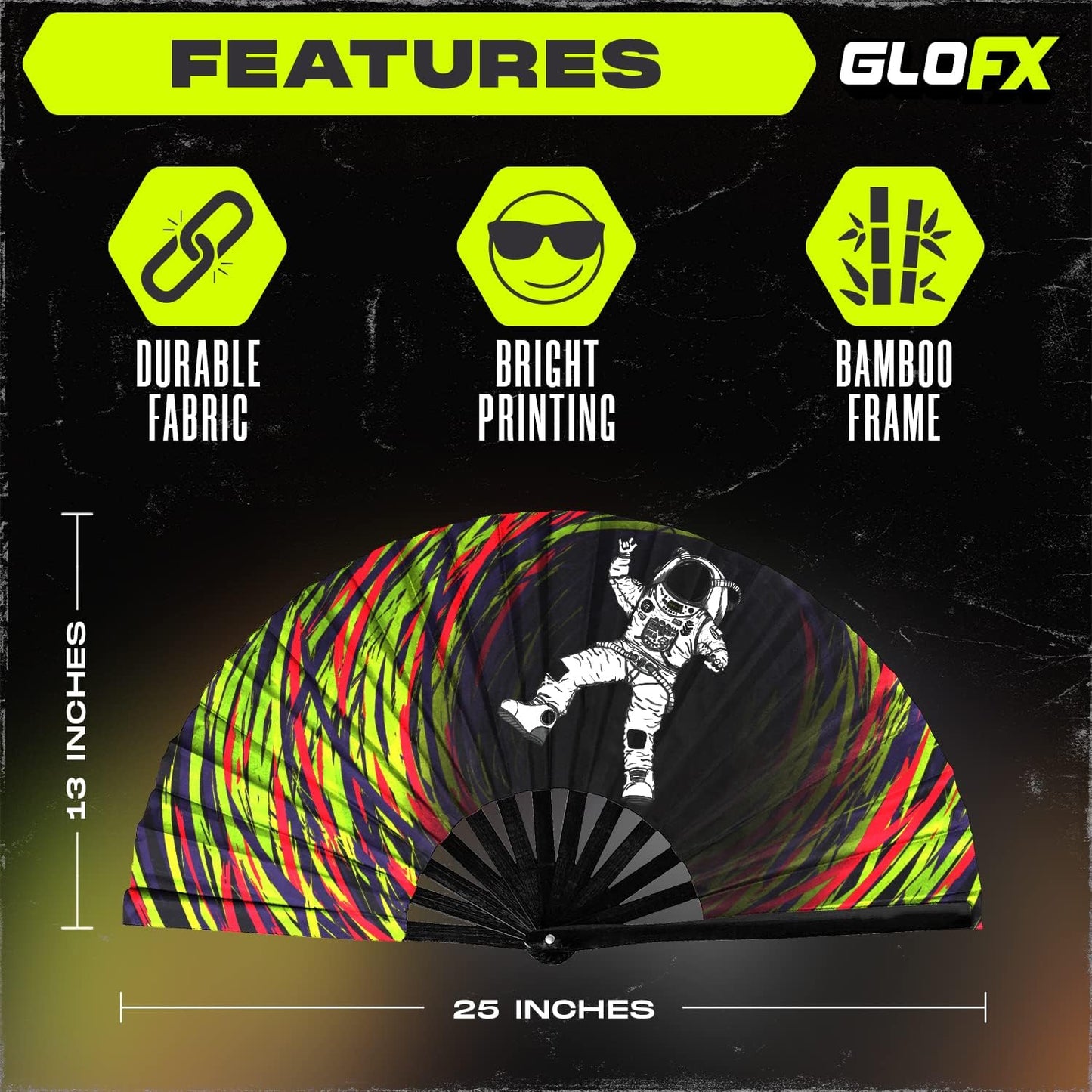 GloFX Rave Fan - Spaced Out Astronaut - Large Folding Fan - Music Festival Essential, EDM Rave Accessories, Folding Hand Fan, Clack Fan