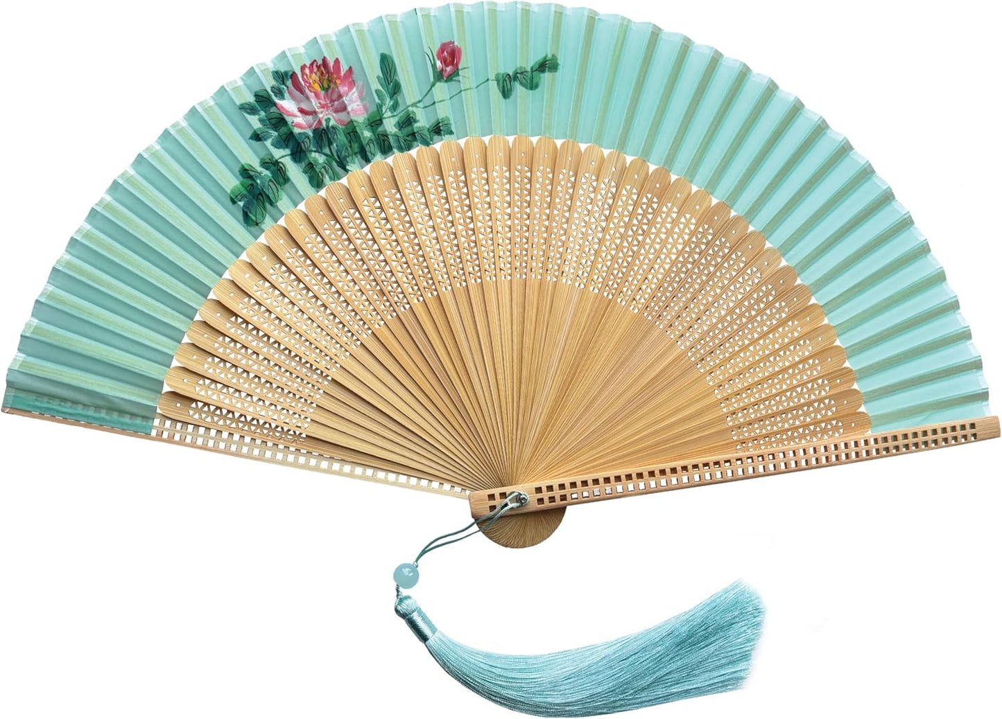 FANSOF.FANS Premium Floral Silk Fabric Border Handheld Folding Fan with Grade A Bamboo Ribs for Women Girls Event Birthday Wedding Favour with Tassel (Single Flower Border - Turqoise)