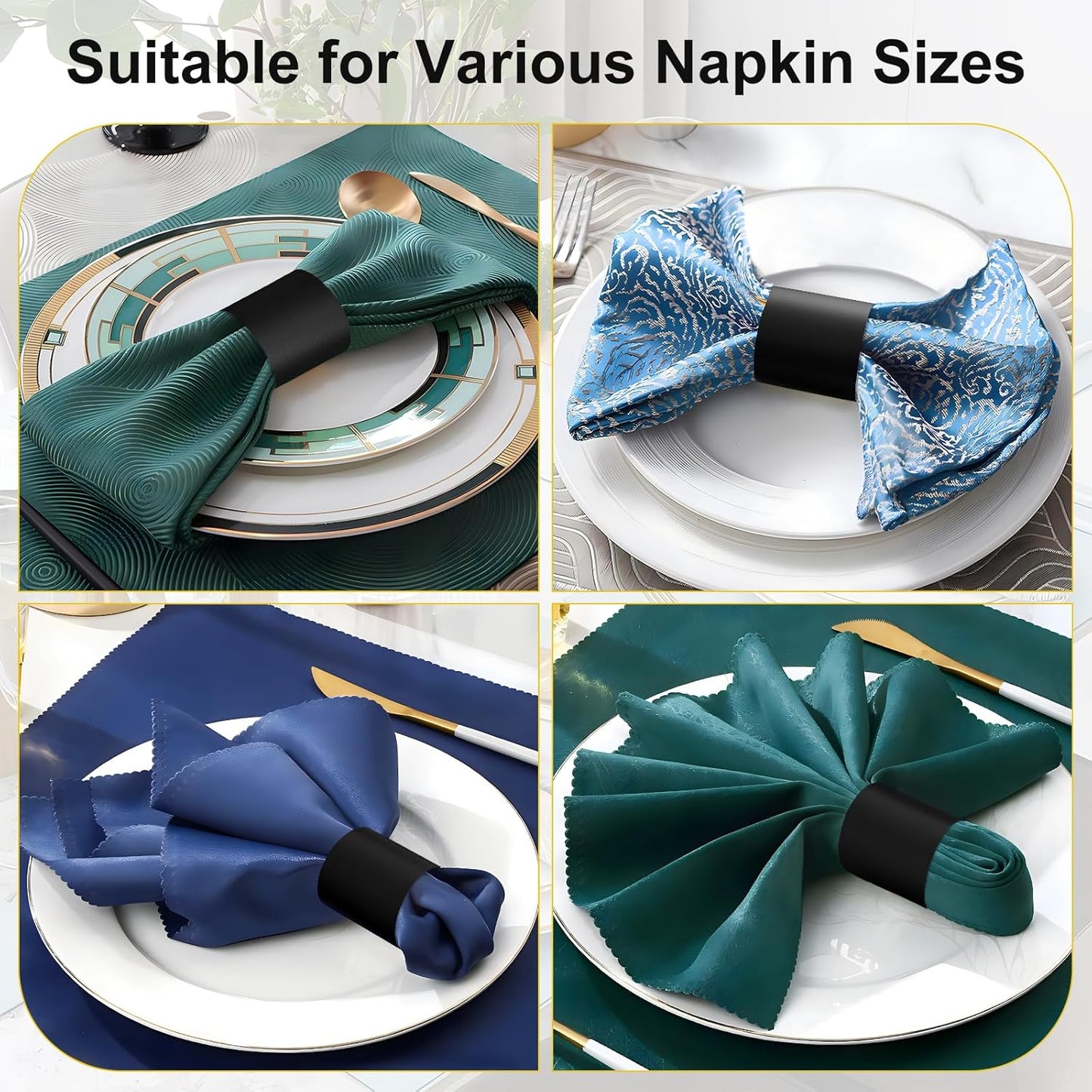 Polymer Material Reusable Napkin Band, Glue-Free Tear-Proof Water Resistant Oil-Proof Napkin Bands Set of 200(Front Black Color and Back White), 6 Adjustable Sizes Napkin Rings