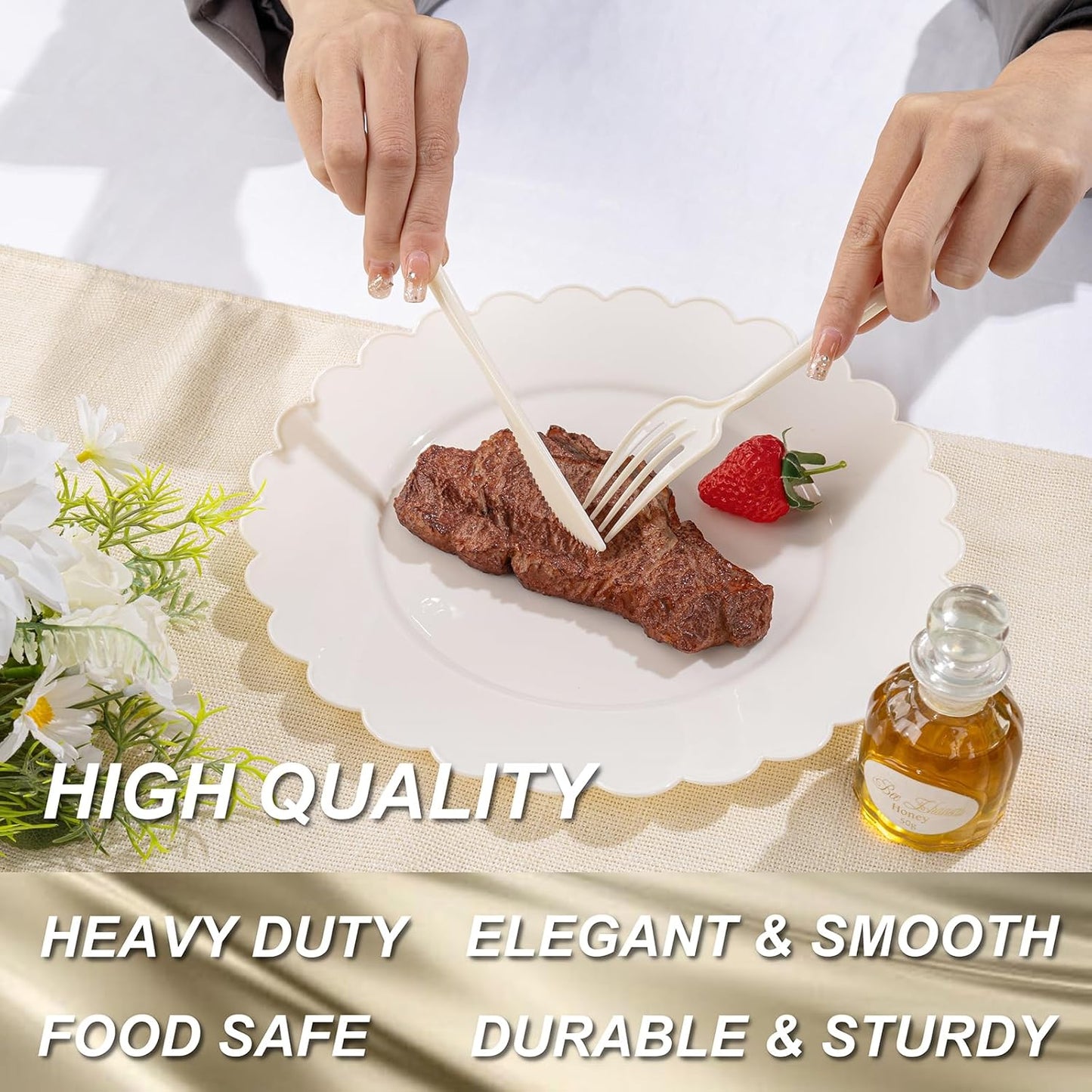 Supernal 180pcs Plastic Silverware Heavy Duty Ivory Plastic Utensils Cutlery Disposable Beige Plastic Cutlery Include 60 Plastic Forks,60 Plastic Knvies,60 Plastic Spoons for Party,Wedding