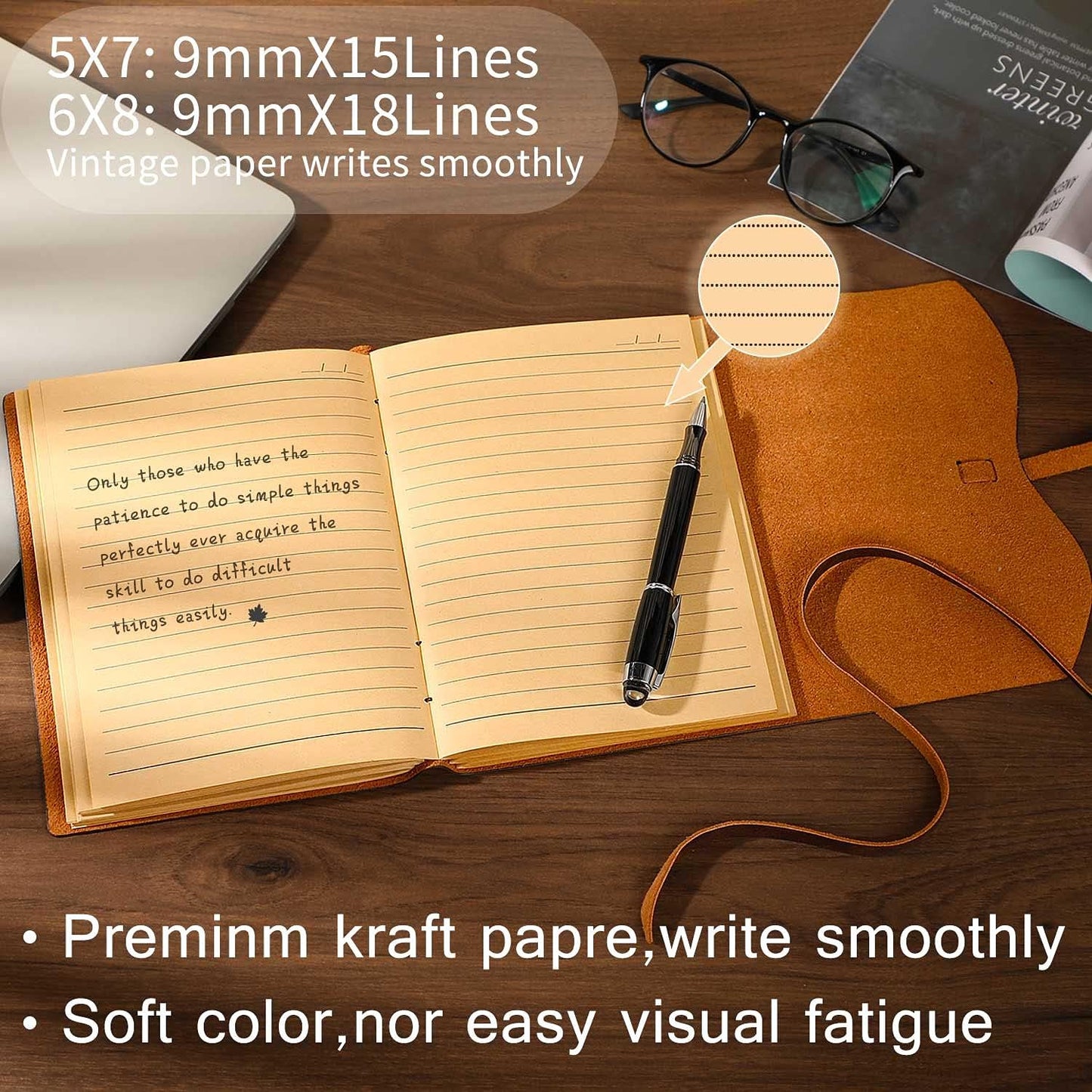 Leather Bound Journal for Men/Women, Rustic Vintage Handmade Large Writing Notebook with 240 Kraft Lined Pages(6x8 inches), Business/Travel Daily Notepad Sketchbook Gift - Brown