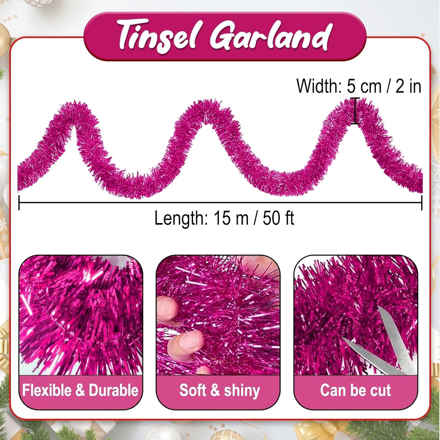 50 Feet Fuchsia Christmas Tinsel Garland, Metallic Foil Twist Banner Wall Hanging Tinsel Streamers Backdrop for Parade Floats, Christmas, Mother's Day, Birthday Party Decorations(2in x 50ft)