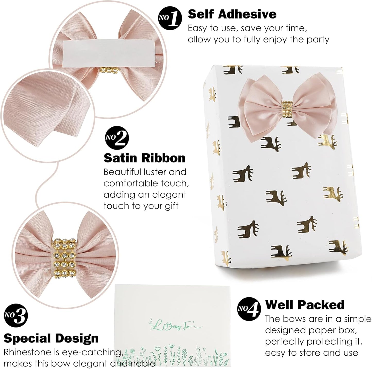 Pink Ribbon Bow 4'' Premade Satin Bows, Pink Gift Bows with Rhinestone, Rose Gold Bow for Presents, Greeting Cards, Treat Bags, Wine Bottle, Valentines Bows for Gift Wrapping-12 Counts