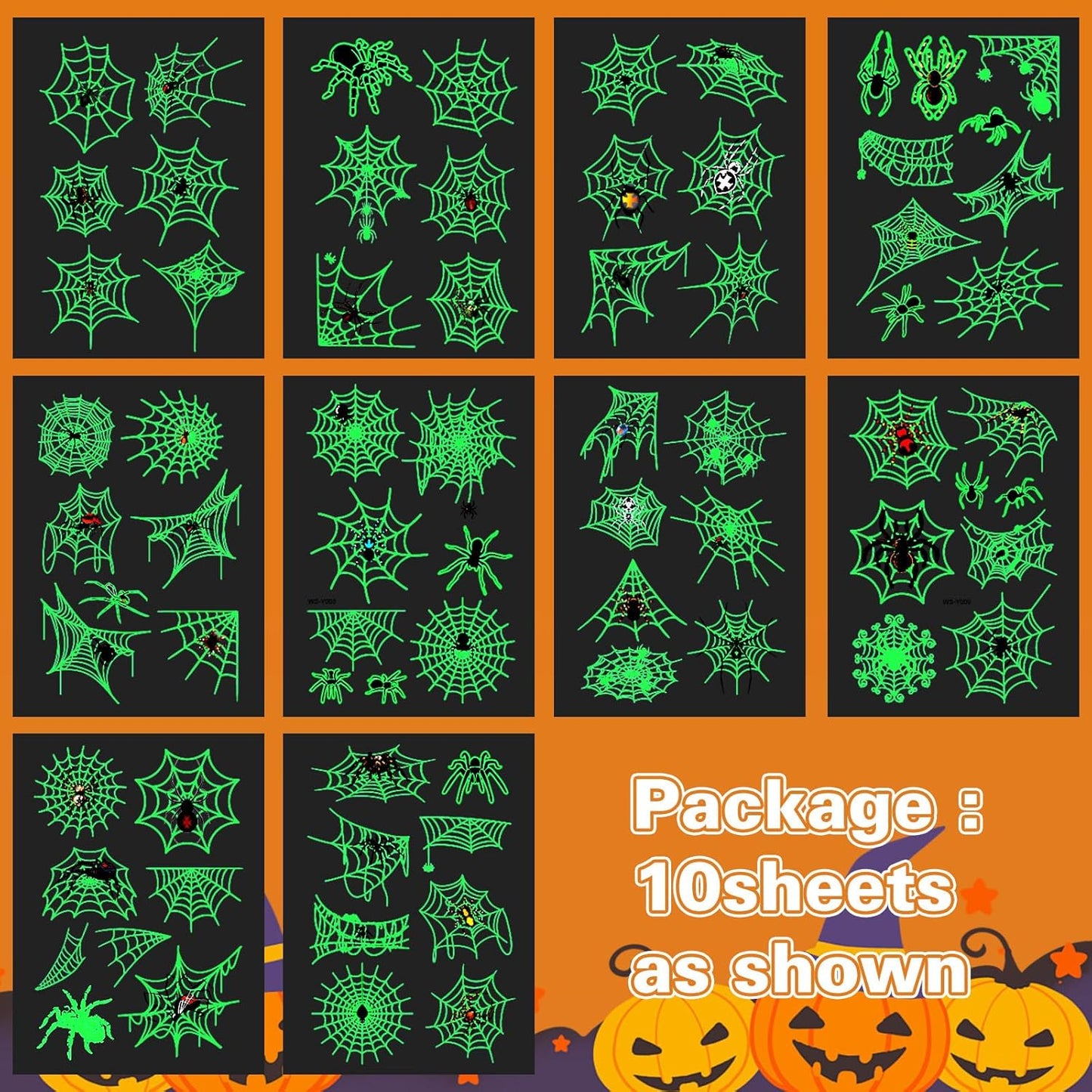 Luminous Halloween Temporary Tattoos for Kids，Halloween Party Favors-10 Sheet Glow Halloween Spider Web Tattoos for Boys and Girls,Halloween Decorations,Games Gift Prizes for Kids,Goodie Bag Fillers