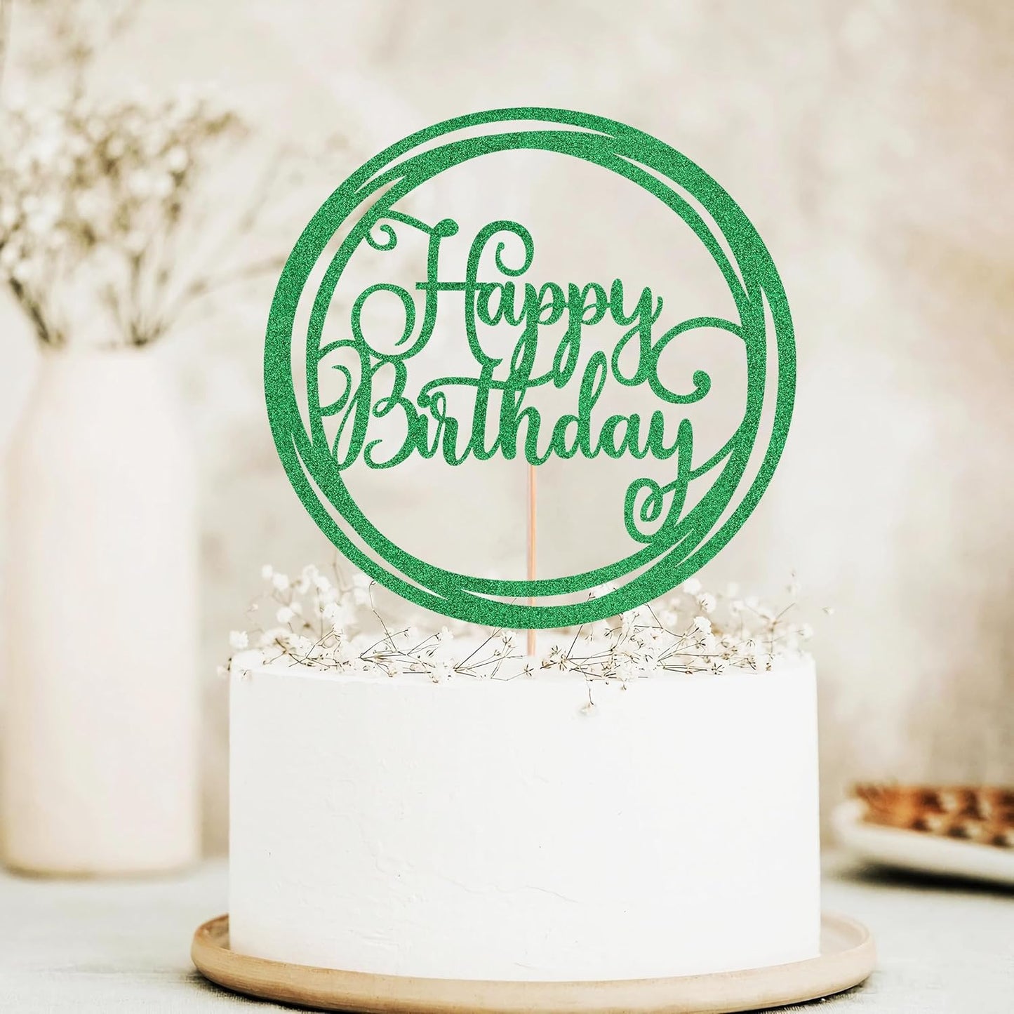 Happy Birthday Cake Topper - Green Glitter Happy Birthday Cake Decoration Supplies for Children or Adults - Happy Birthday Cake Bunting Decor, Photo Booth Props